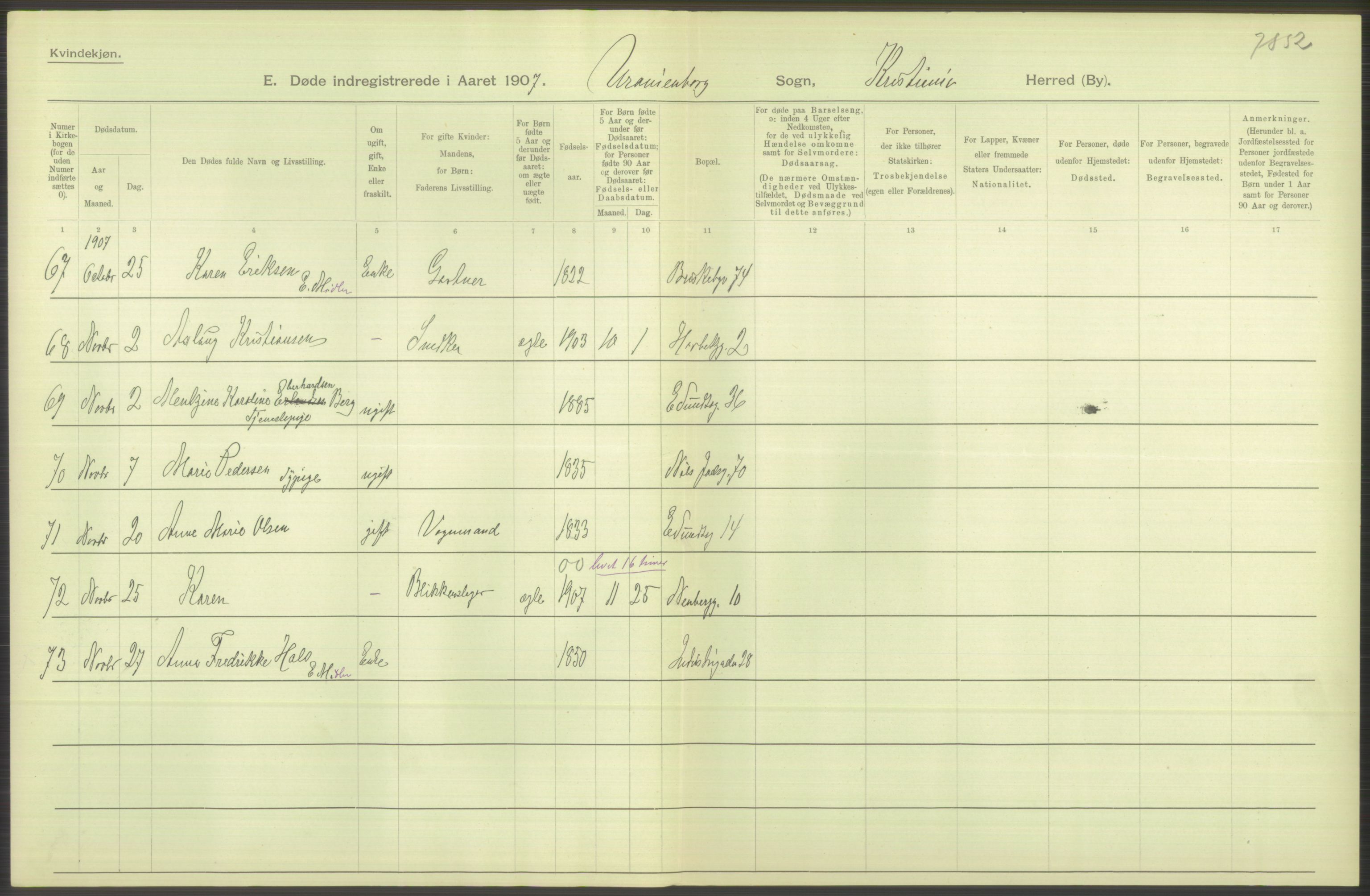 Statistisk sentralbyrå, Sosiodemografiske emner, Befolkning, AV/RA-S-2228/D/Df/Dfa/Dfae/L0009: Kristiania: Døde, 1907, p. 322