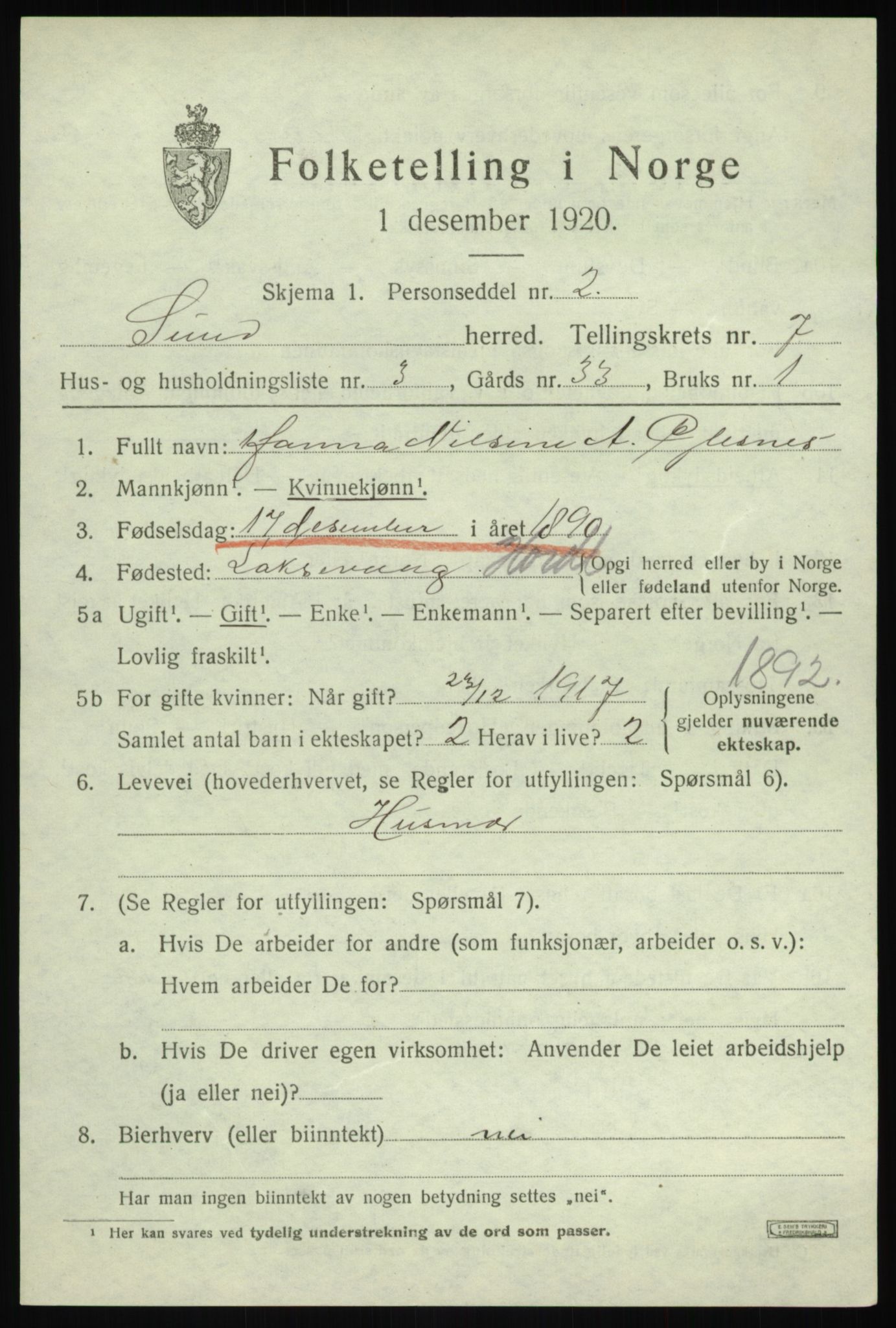 SAB, 1920 census for Sund, 1920, p. 4439