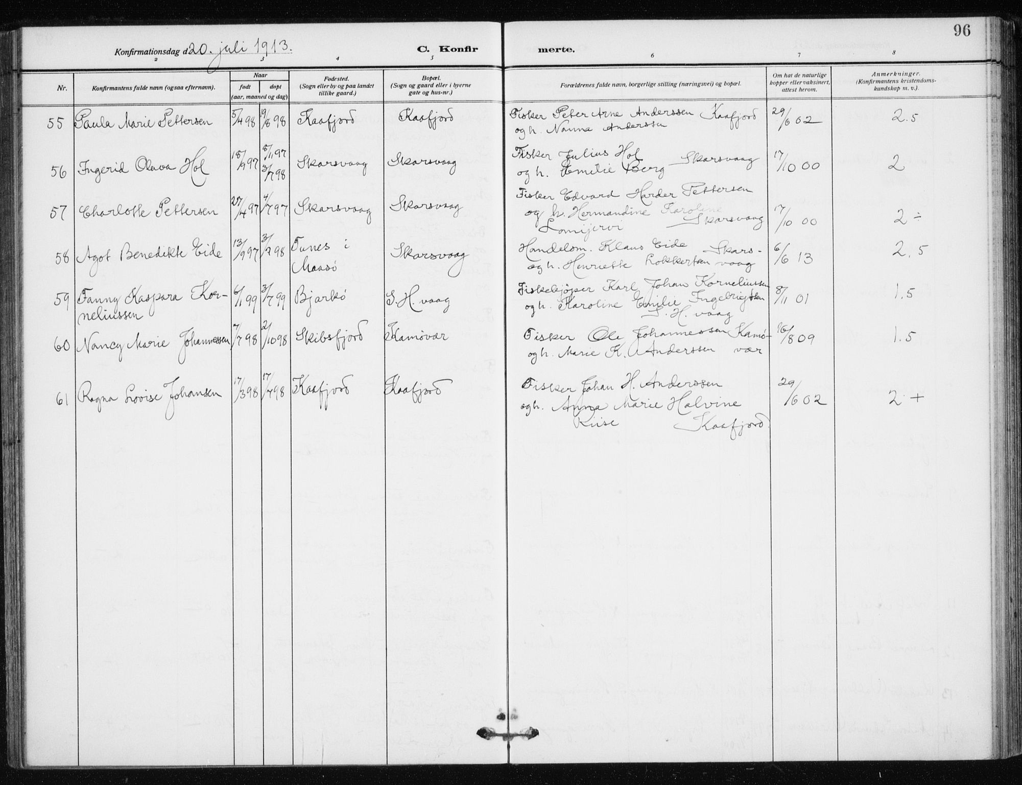 Kjelvik/Nordkapp sokneprestkontor, SATØ/S-1350/H/Ha/L0001kirke: Parish register (official) no. 1, 1911-1919, p. 96