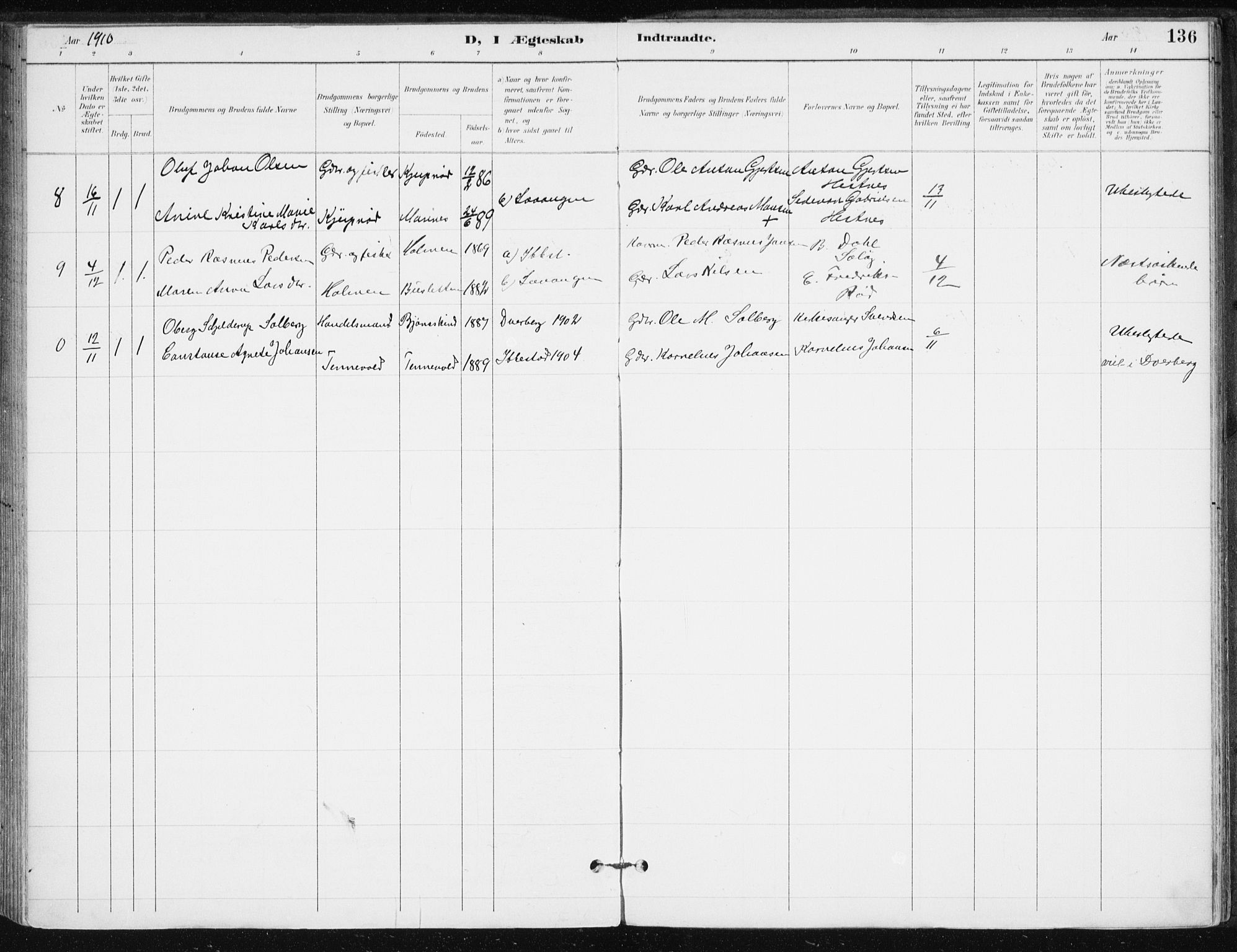 Salangen sokneprestembete, AV/SATØ-S-1324/H/Ha/L0001kirke: Parish register (official) no. 1, 1893-1911, p. 136