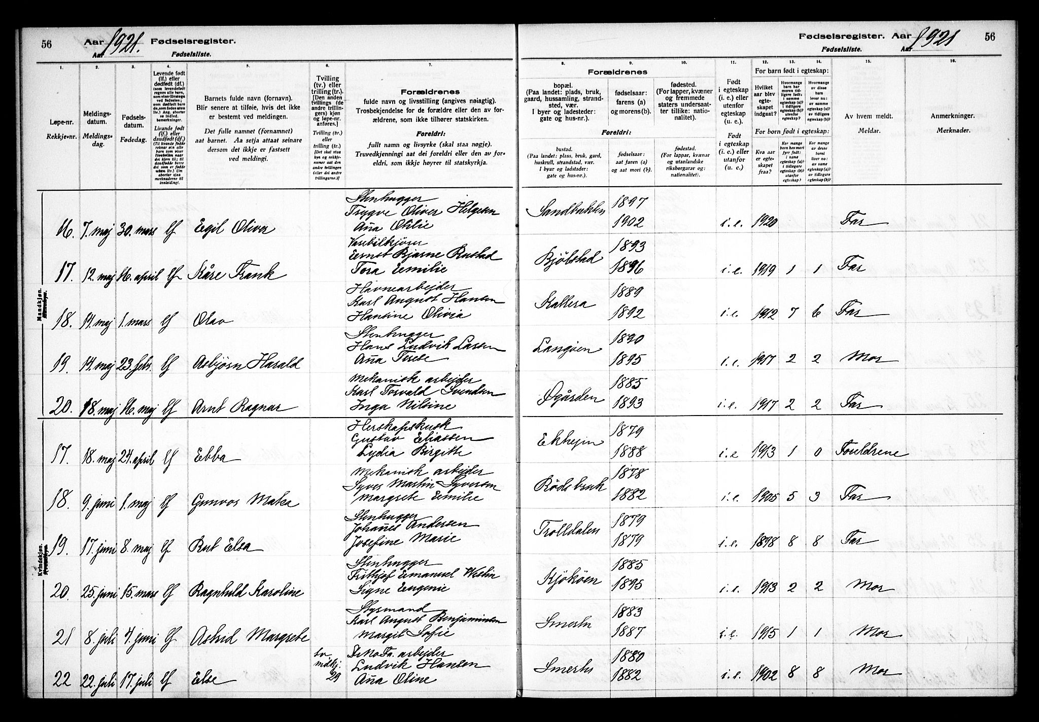 Kråkerøy prestekontor Kirkebøker, AV/SAO-A-10912/J/Ja/L0001: Birth register no. 1, 1916-1938, p. 56