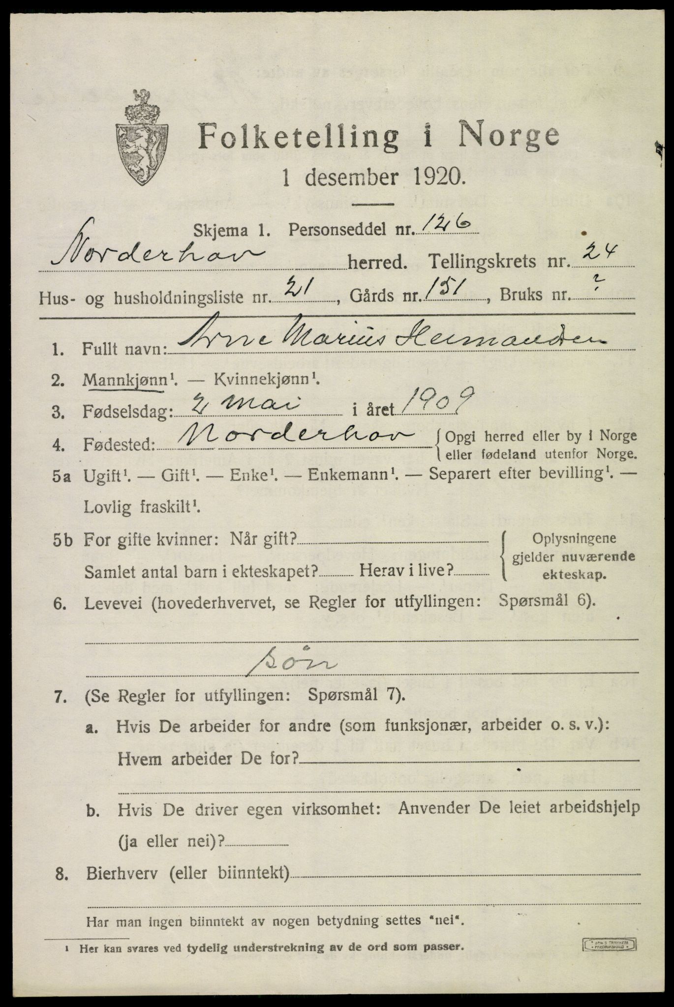 SAKO, 1920 census for Norderhov, 1920, p. 23695