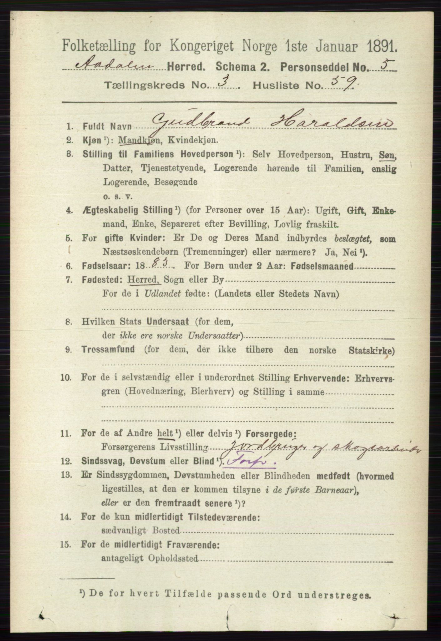 RA, 1891 census for 0614 Ådal, 1891, p. 1441