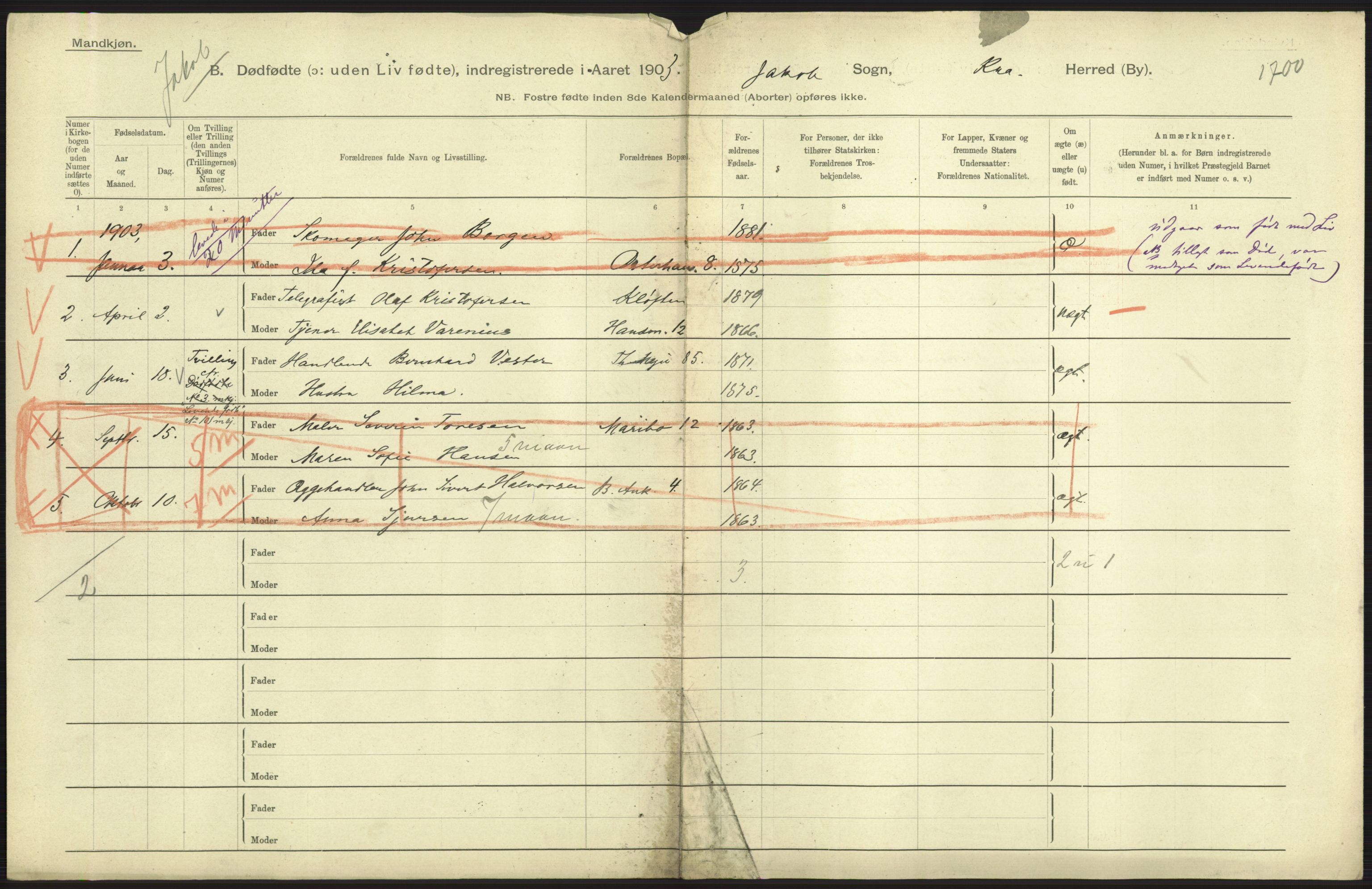 Statistisk sentralbyrå, Sosiodemografiske emner, Befolkning, AV/RA-S-2228/D/Df/Dfa/Dfaa/L0026: Smålenenes - Finnmarkens amt: Dødfødte. Byer., 1903, p. 51