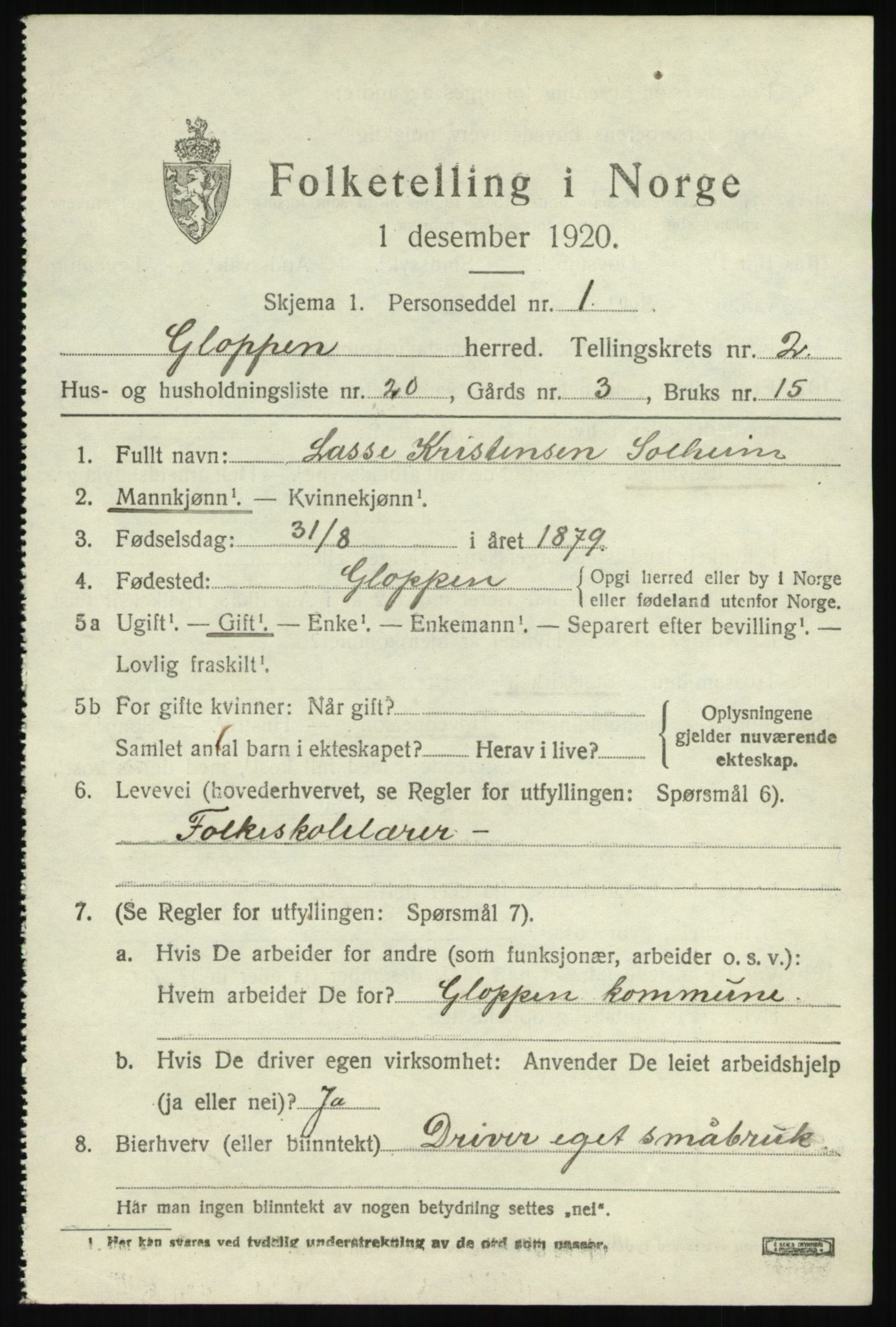 SAB, 1920 census for Gloppen, 1920, p. 1464