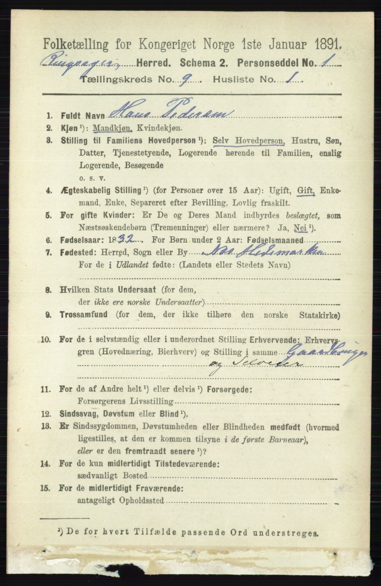 RA, 1891 census for 0412 Ringsaker, 1891, p. 5048