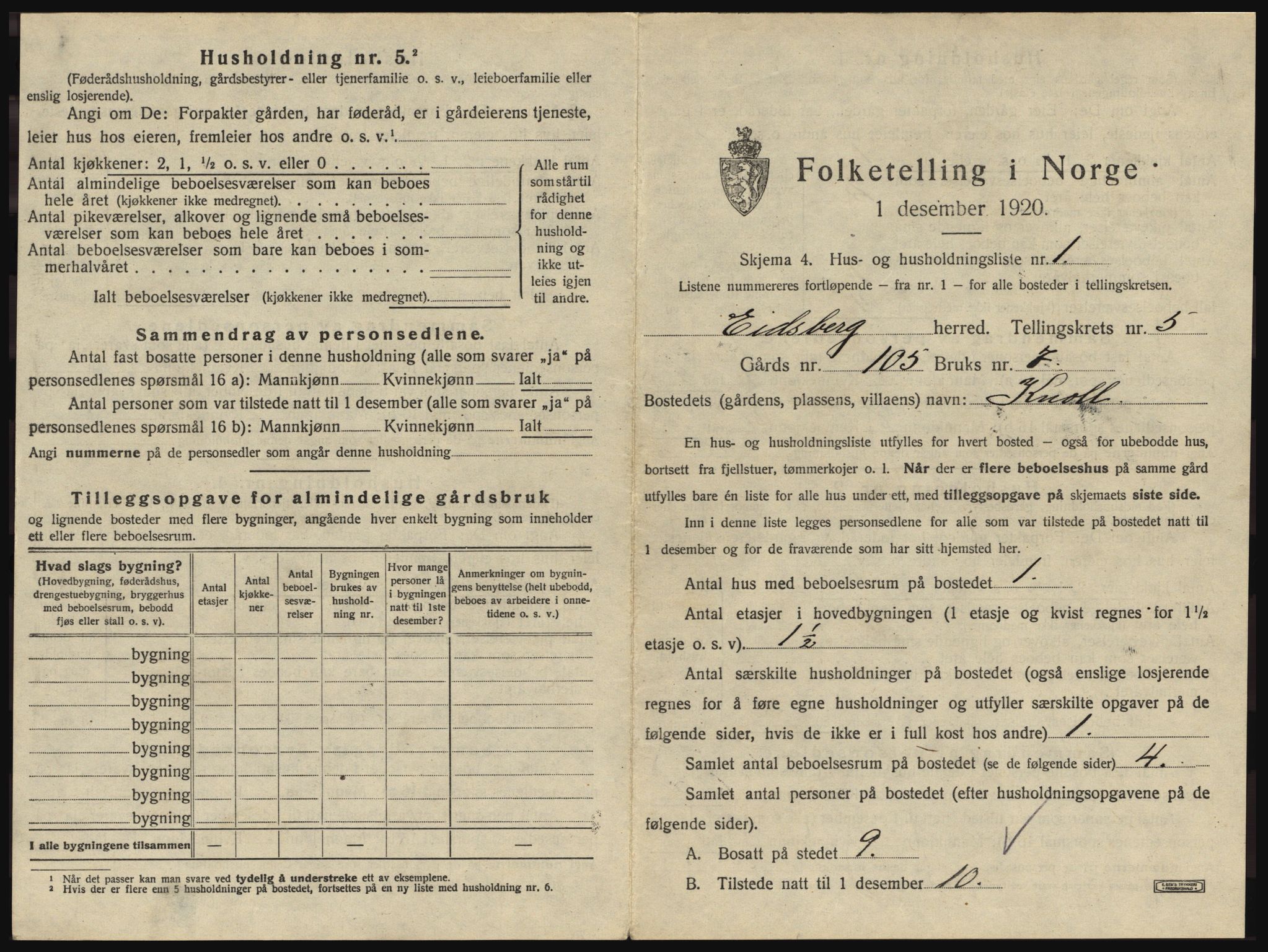 SAO, 1920 census for Eidsberg, 1920, p. 853