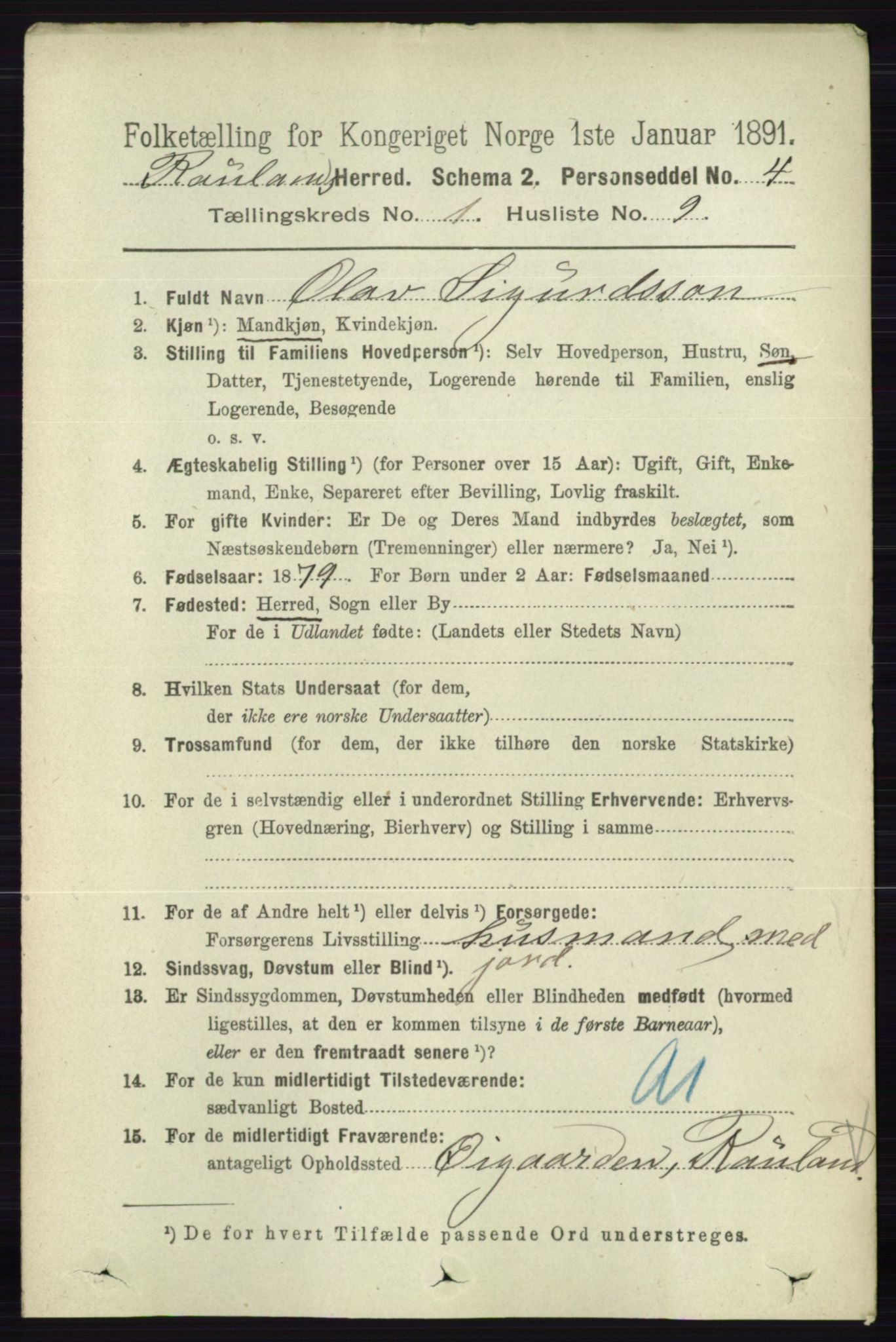 RA, 1891 census for 0835 Rauland, 1891, p. 99