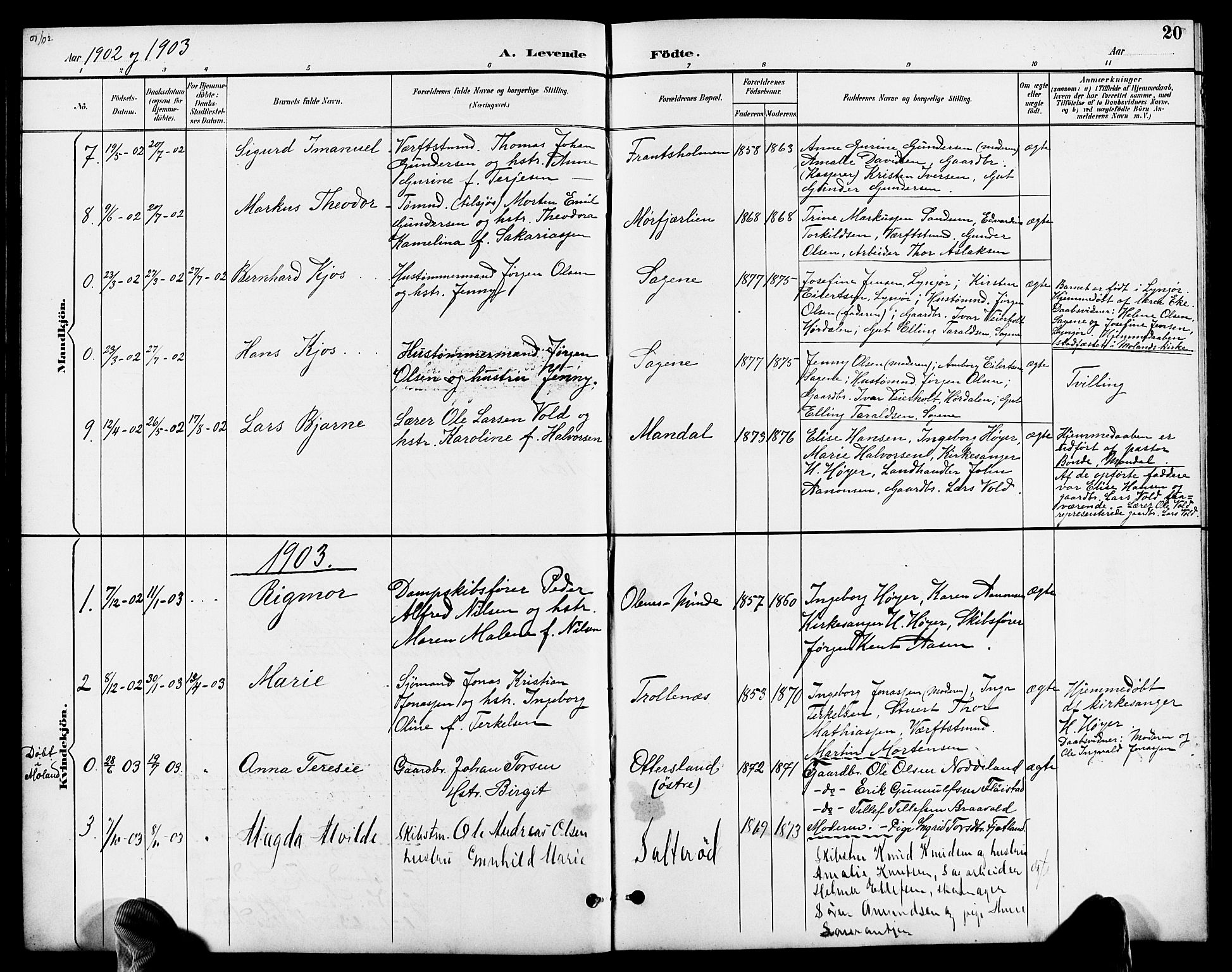 Austre Moland sokneprestkontor, SAK/1111-0001/F/Fb/Fbb/L0002: Parish register (copy) no. B 2, 1894-1918, p. 20
