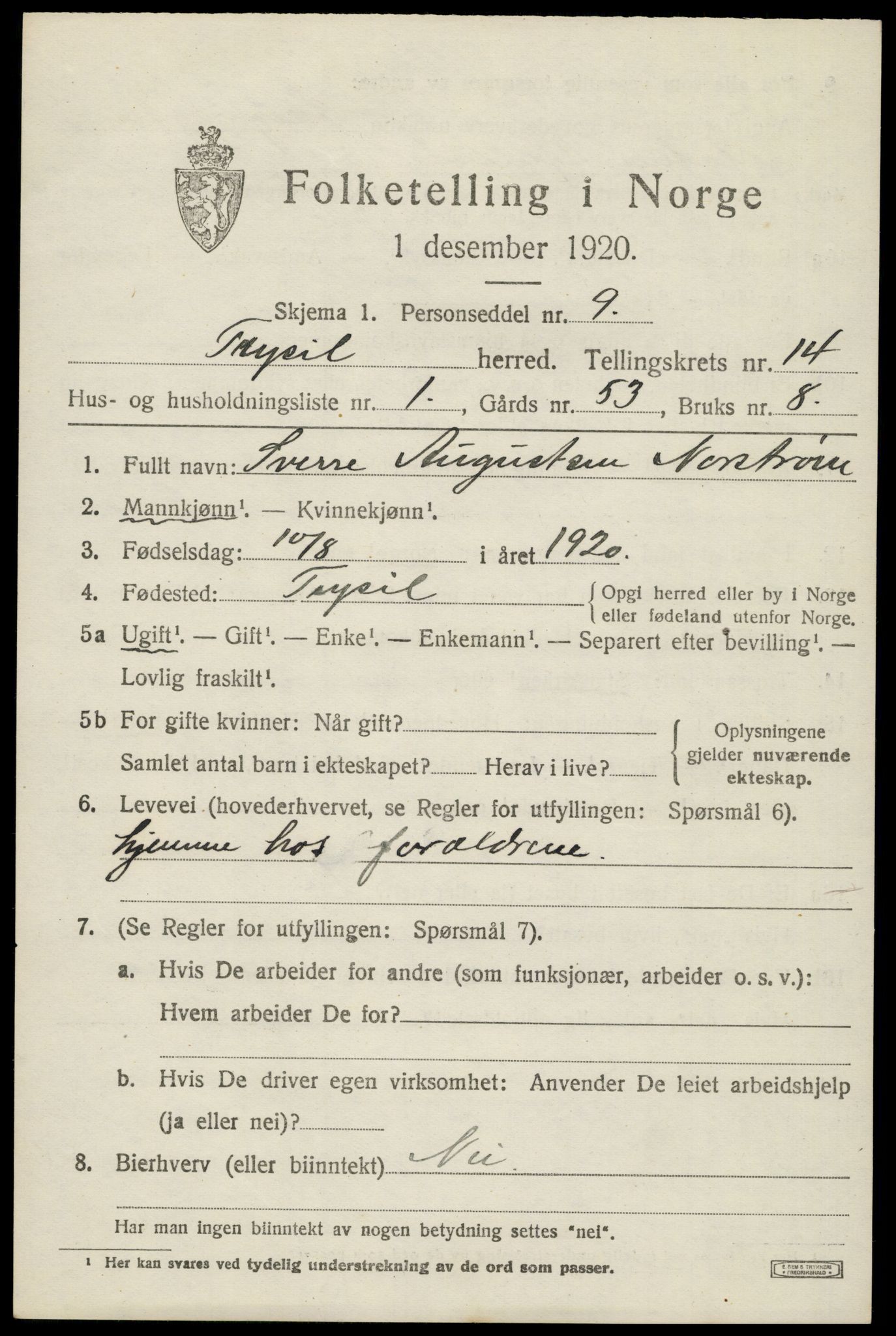 SAH, 1920 census for Trysil, 1920, p. 7881