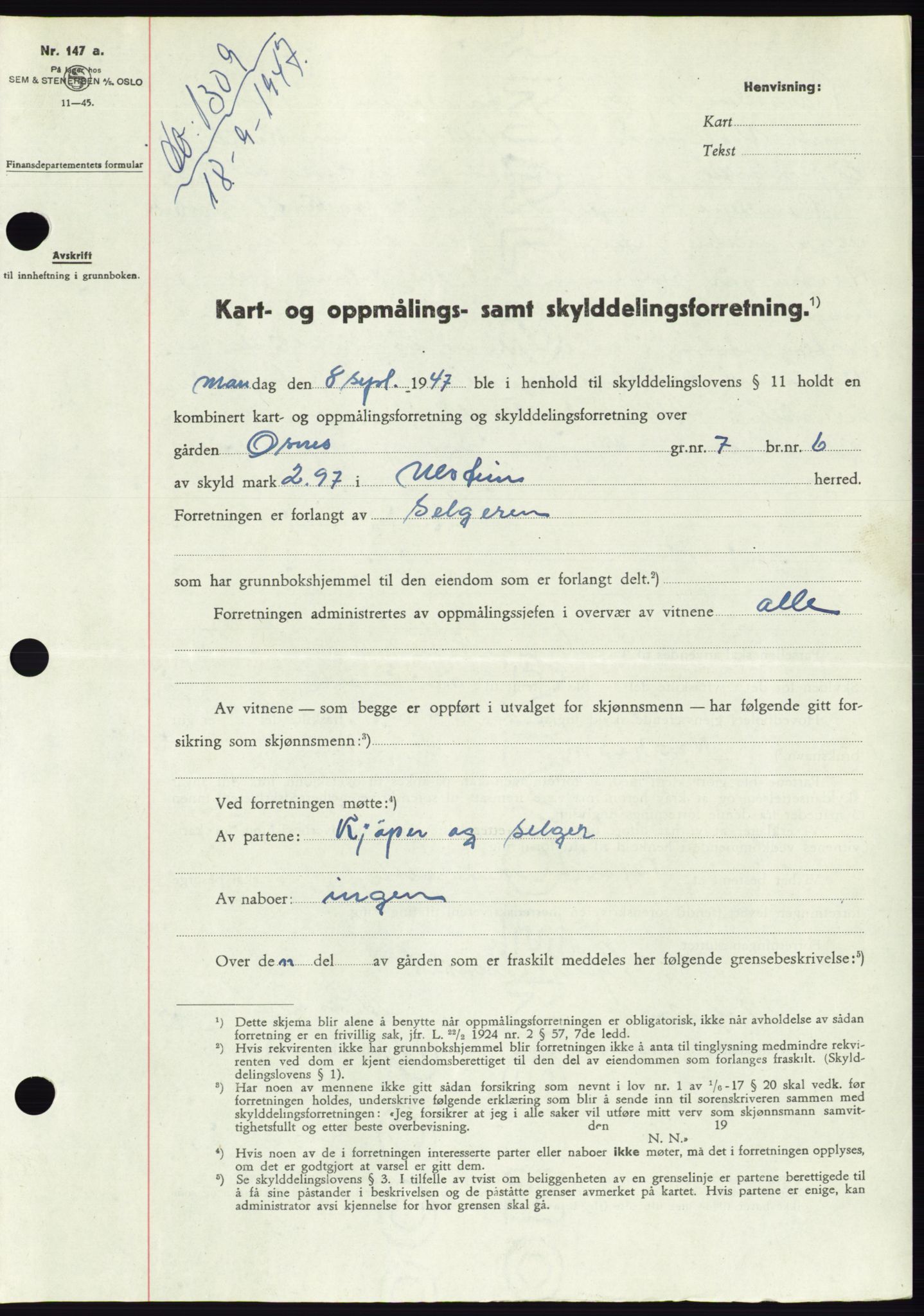 Søre Sunnmøre sorenskriveri, AV/SAT-A-4122/1/2/2C/L0081: Mortgage book no. 7A, 1947-1948, Diary no: : 1309/1947