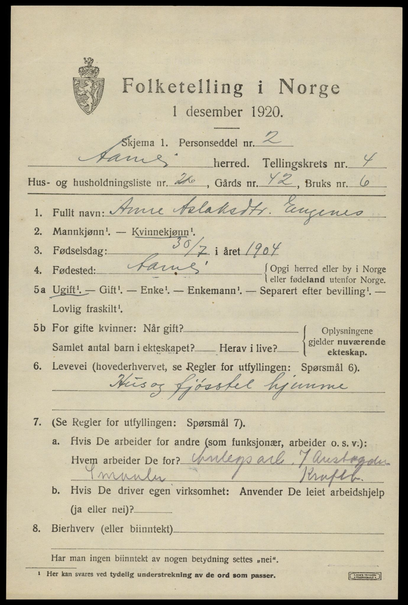 SAK, 1920 census for Åmli, 1920, p. 2175