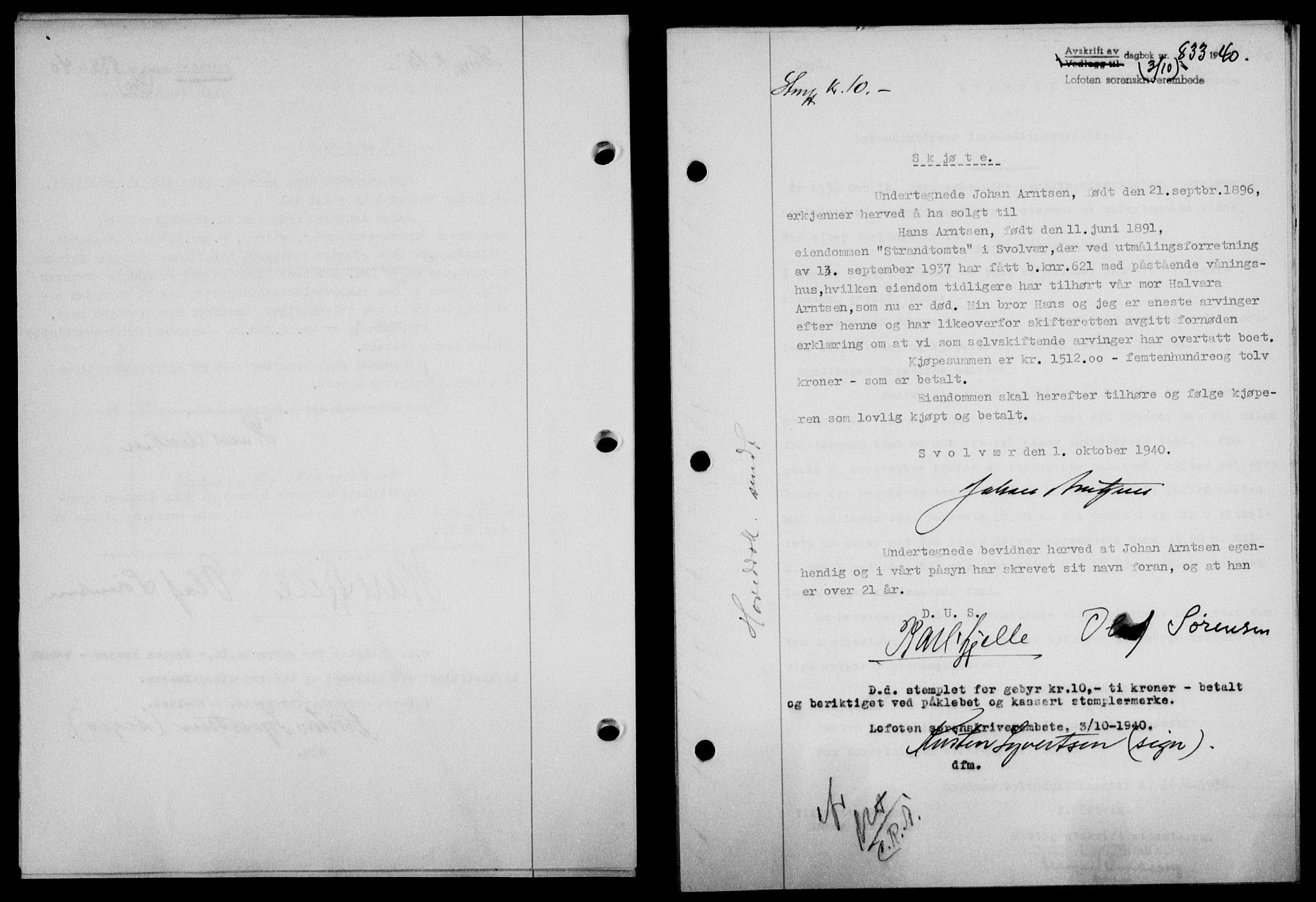Lofoten sorenskriveri, SAT/A-0017/1/2/2C/L0007a: Mortgage book no. 7a, 1939-1940, Diary no: : 833/1940