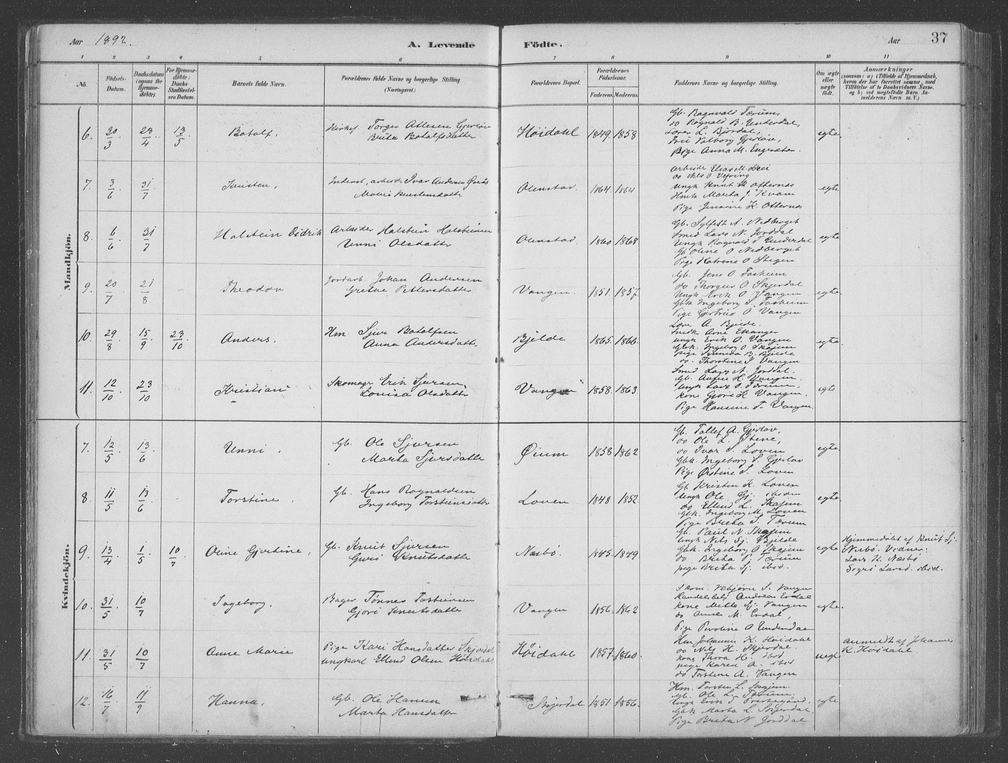 Aurland sokneprestembete, AV/SAB-A-99937/H/Ha/Hab/L0001: Parish register (official) no. B  1, 1880-1909, p. 37