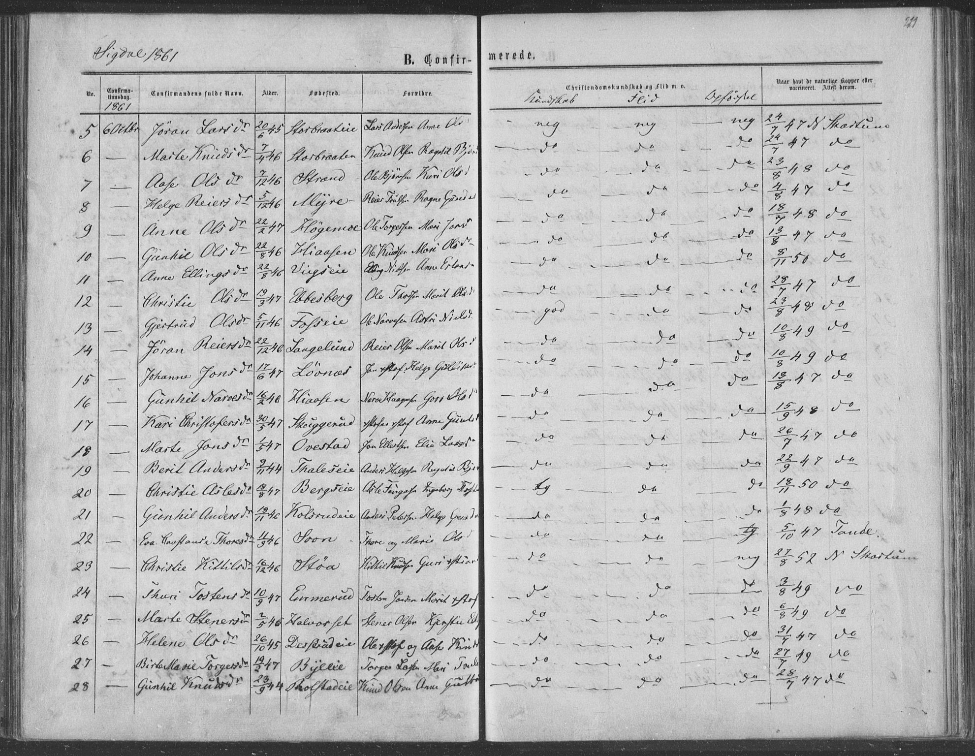 Sigdal kirkebøker, SAKO/A-245/F/Fa/L0009a: Parish register (official) no. I 9A, 1860-1871, p. 211