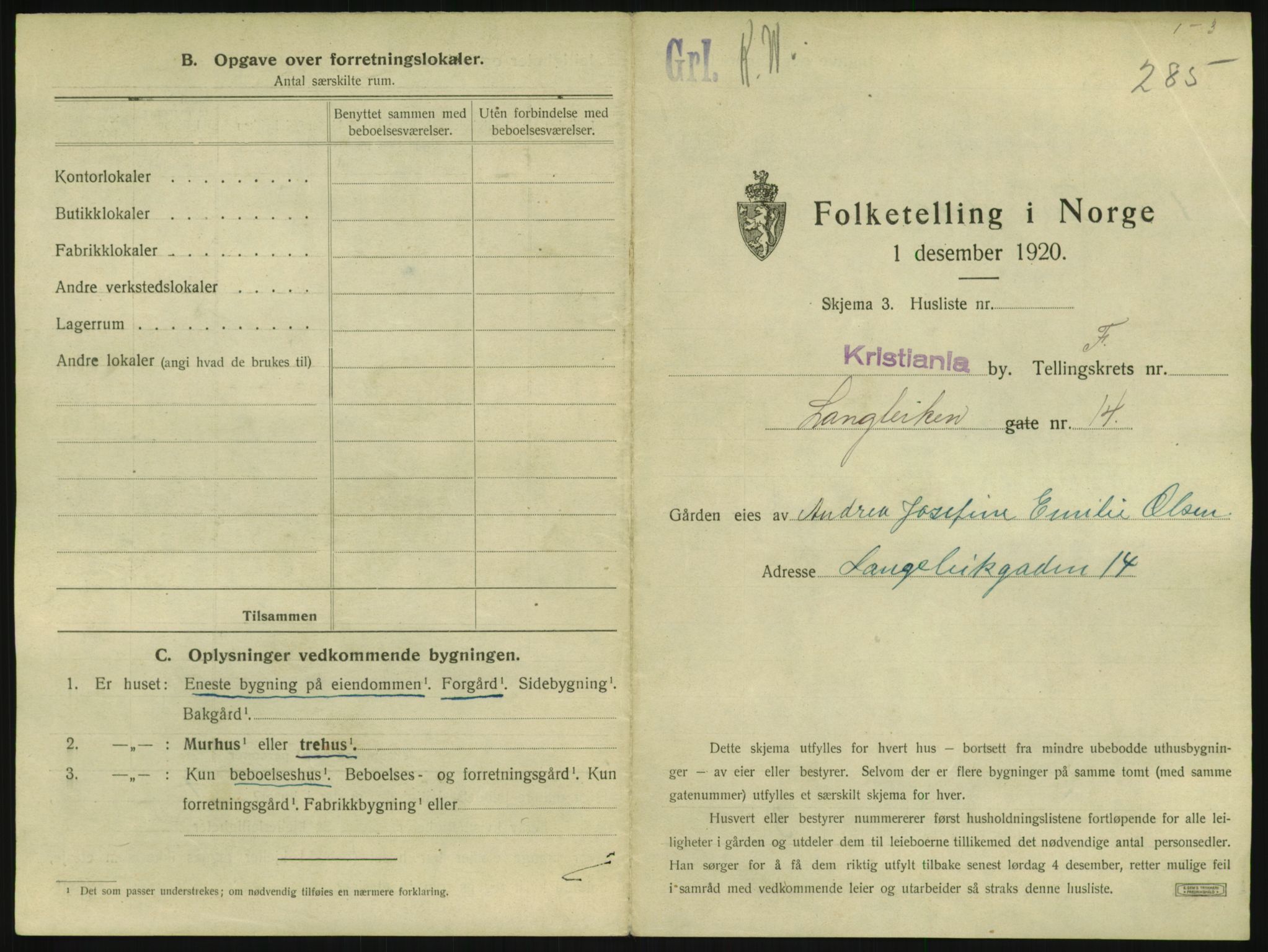 SAO, 1920 census for Kristiania, 1920, p. 58124