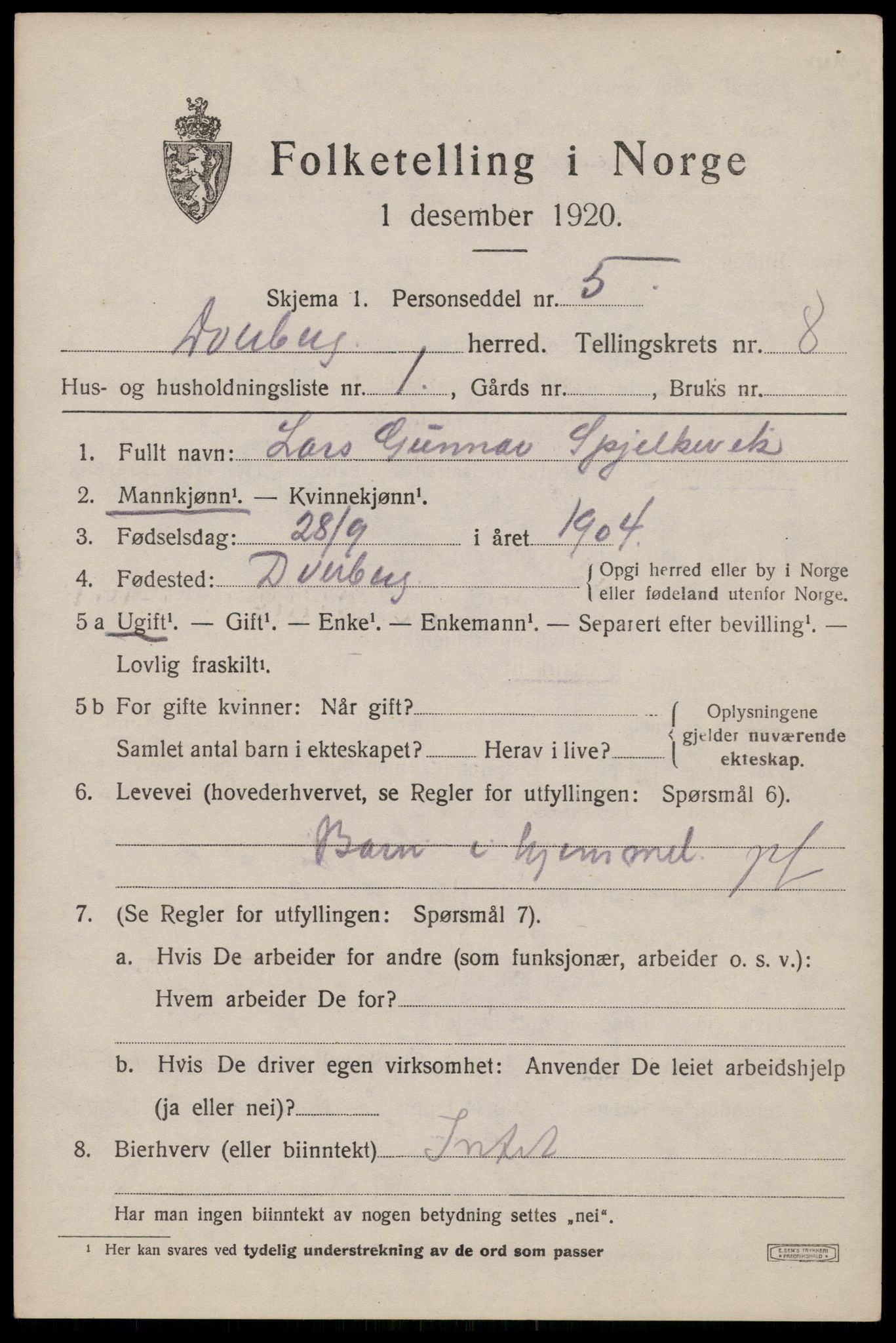 SAT, 1920 census for Dverberg, 1920, p. 7120