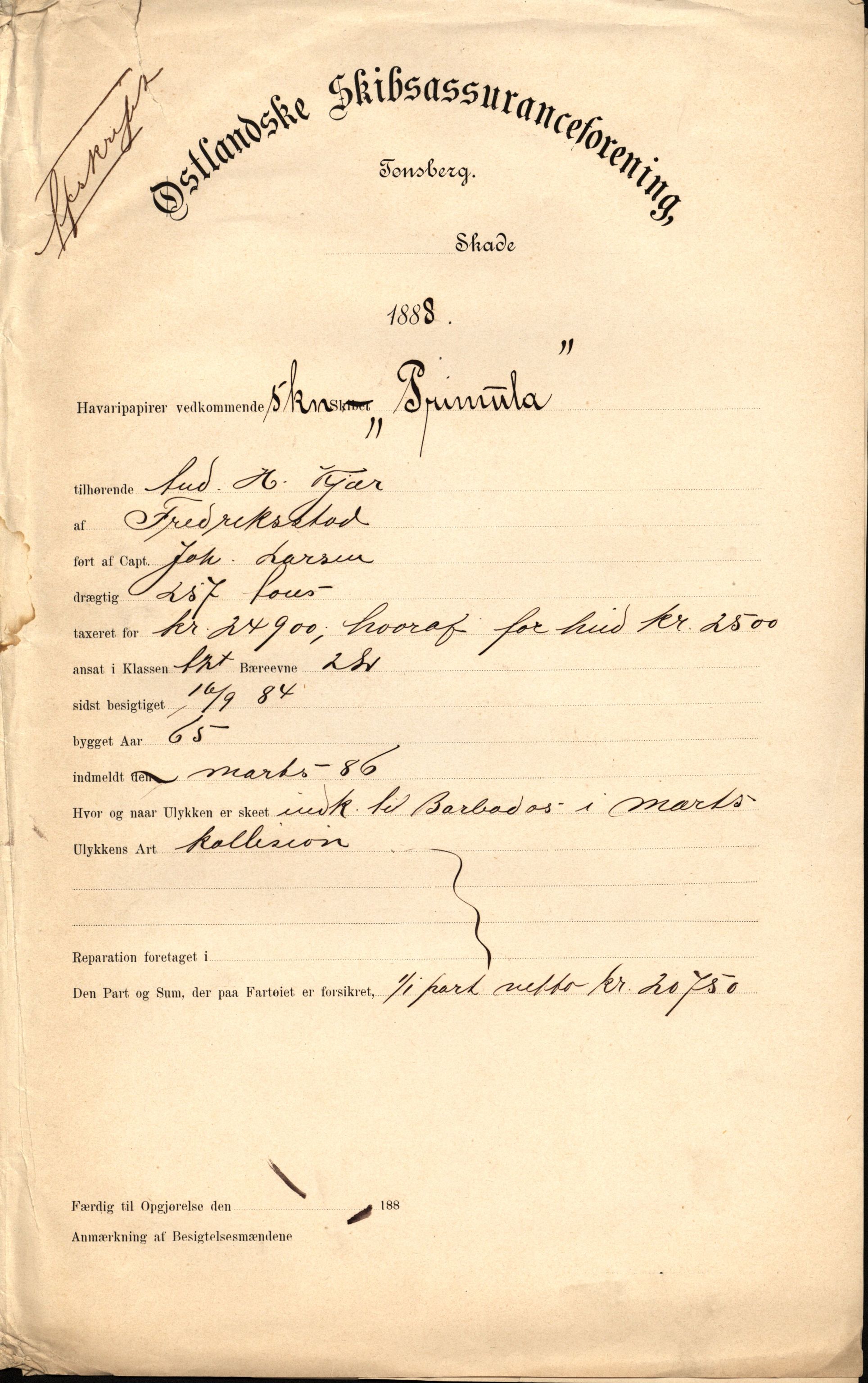 Pa 63 - Østlandske skibsassuranceforening, VEMU/A-1079/G/Ga/L0021/0003: Havaridokumenter / Inga av Drammen, Inga av Sandefjord, Primula, 1888-1889, p. 40