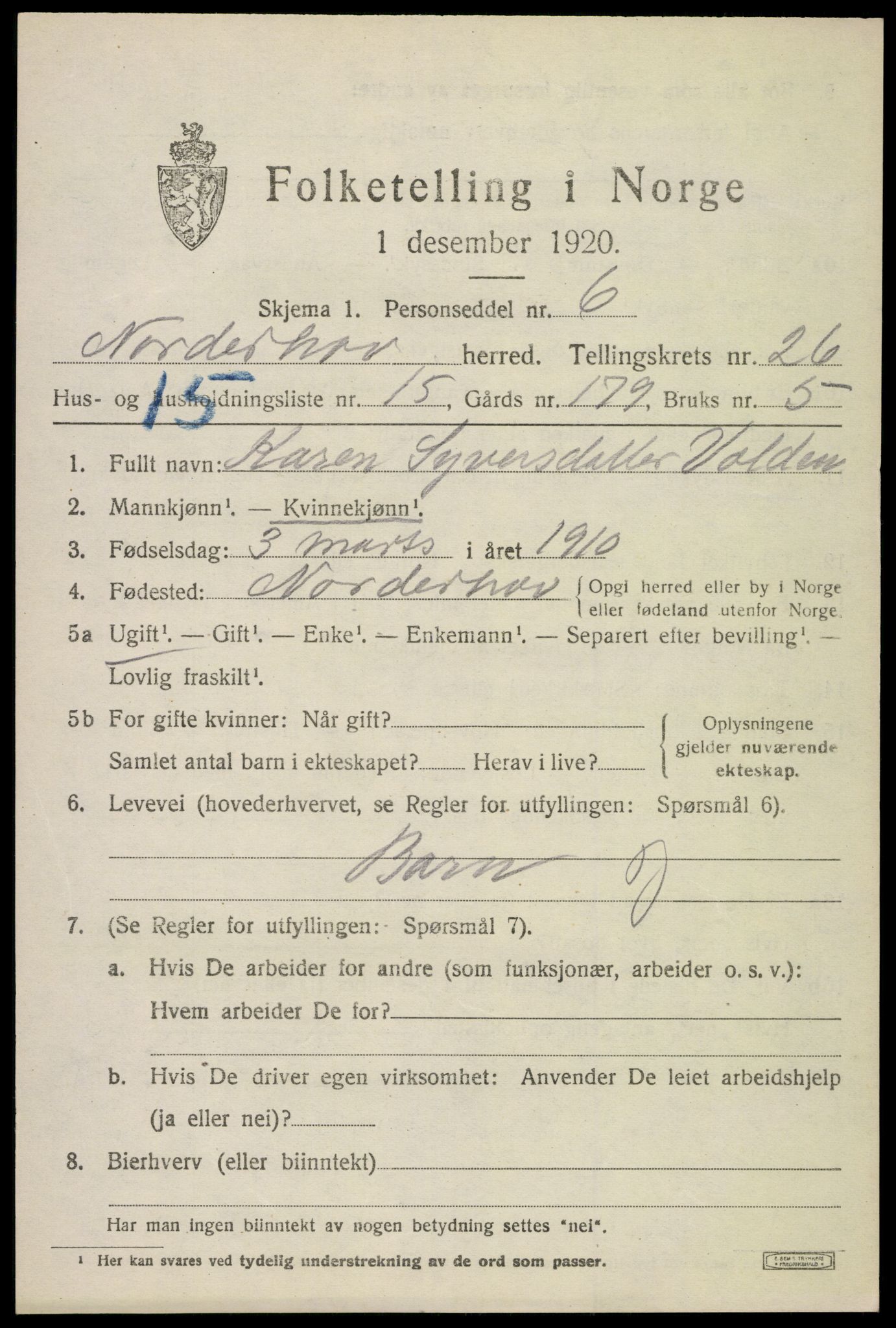 SAKO, 1920 census for Norderhov, 1920, p. 24279