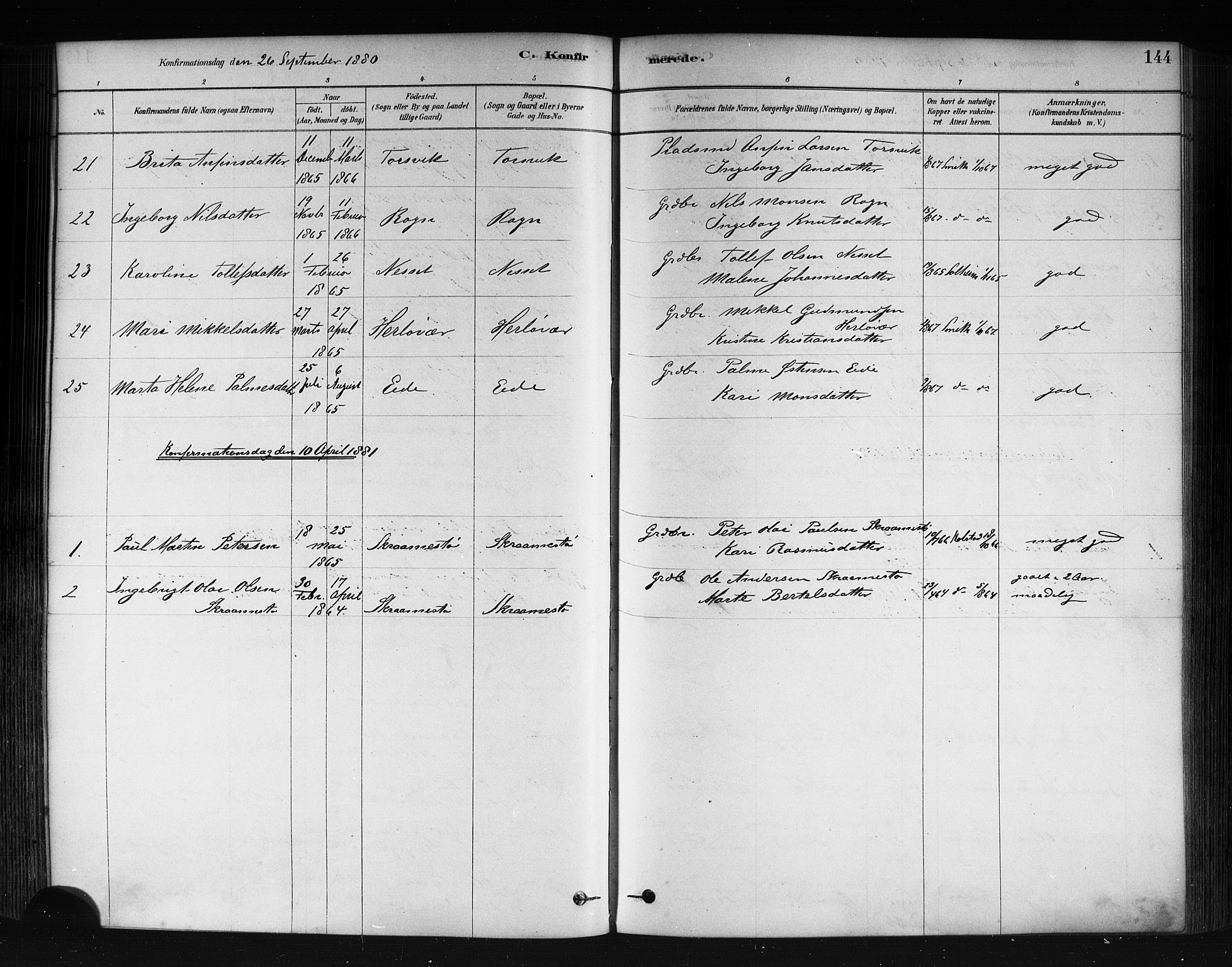 Herdla Sokneprestembete, AV/SAB-A-75701/H/Haa: Parish register (official) no. A 3, 1878-1890, p. 144