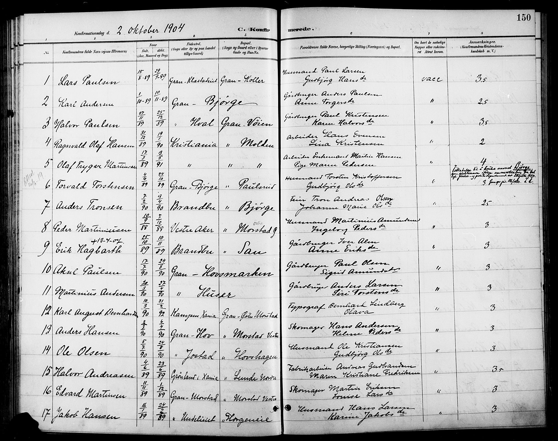 Gran prestekontor, SAH/PREST-112/H/Ha/Haa/L0019: Parish register (official) no. 19, 1898-1907, p. 150