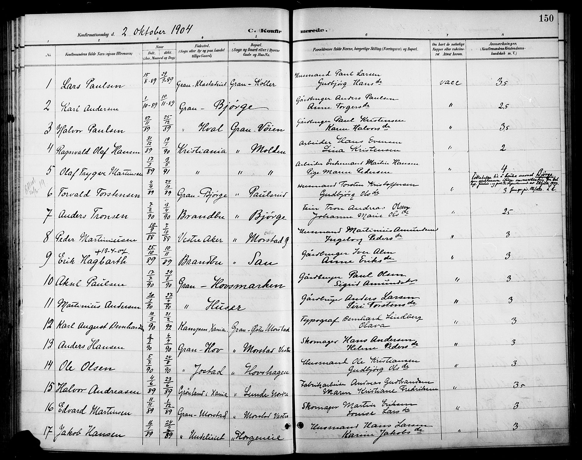 Gran prestekontor, AV/SAH-PREST-112/H/Ha/Haa/L0019: Parish register (official) no. 19, 1898-1907, p. 150