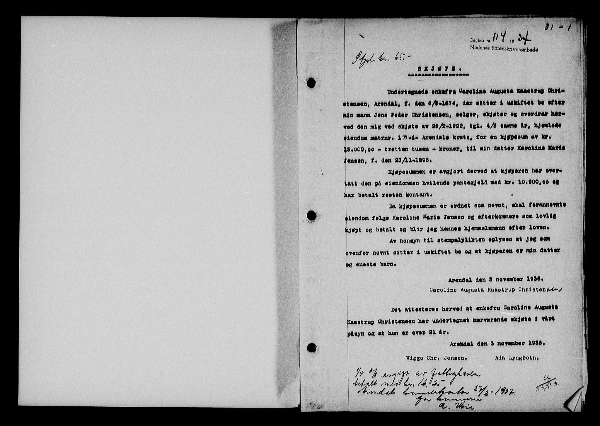 Arendal byfogd, AV/SAK-1222-0001/G/Gb/Gba/L0030: Mortgage book no. 31, 1937-1938, p. 1