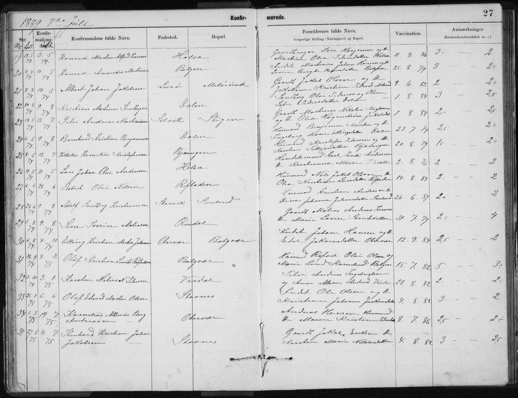 Ministerialprotokoller, klokkerbøker og fødselsregistre - Nordland, SAT/A-1459/843/L0637: Parish register (copy) no. 843C06, 1884-1908, p. 27