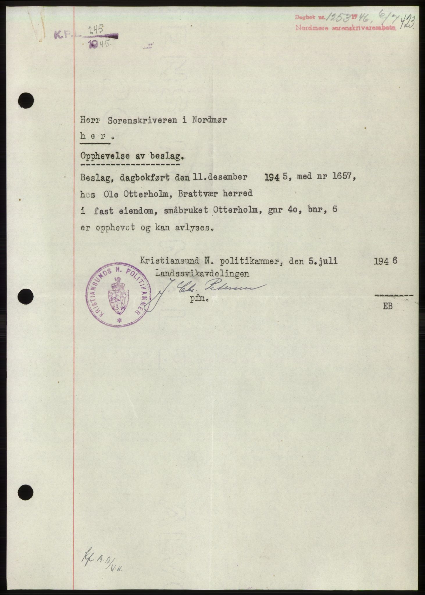 Nordmøre sorenskriveri, AV/SAT-A-4132/1/2/2Ca: Mortgage book no. B94, 1946-1946, Diary no: : 1253/1946