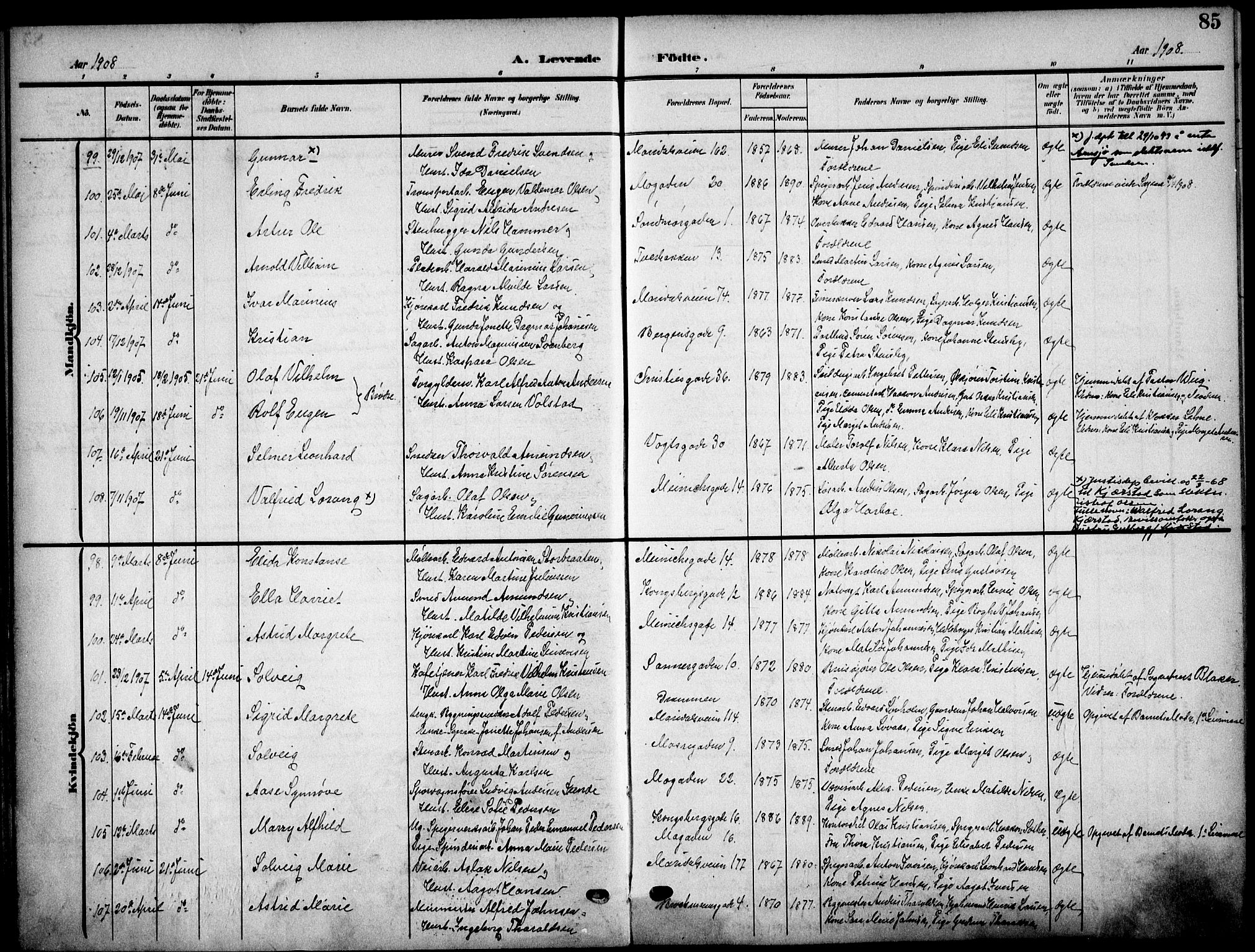 Sagene prestekontor Kirkebøker, SAO/A-10796/F/L0007: Parish register (official) no. 7, 1905-1915, p. 85