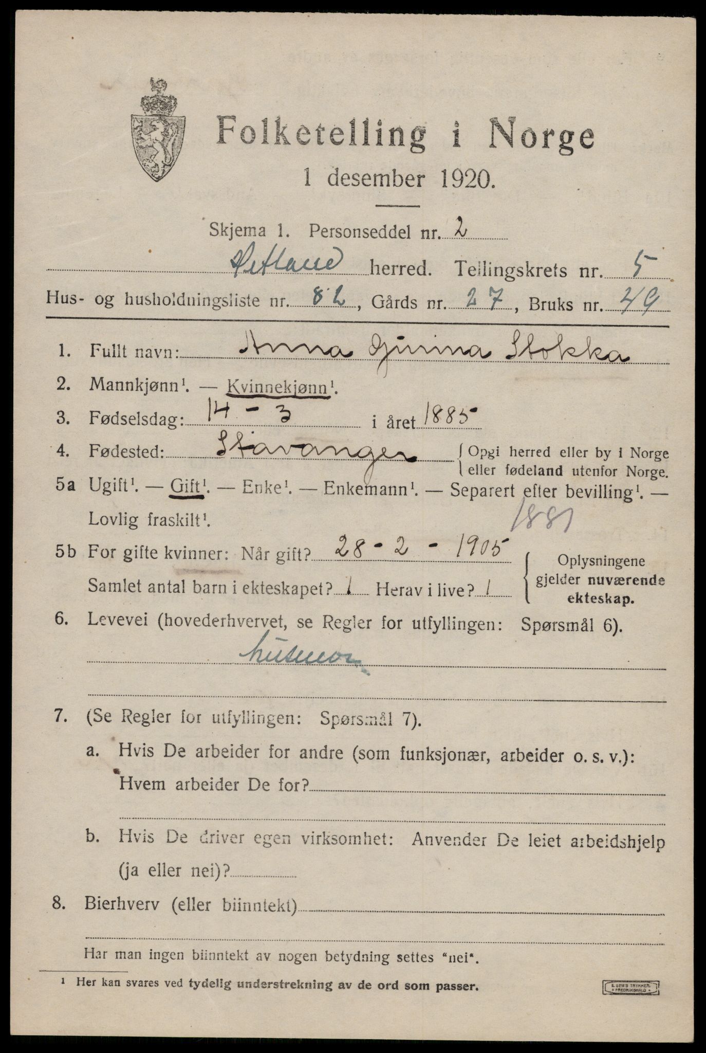 SAST, 1920 census for Hetland, 1920, p. 9449