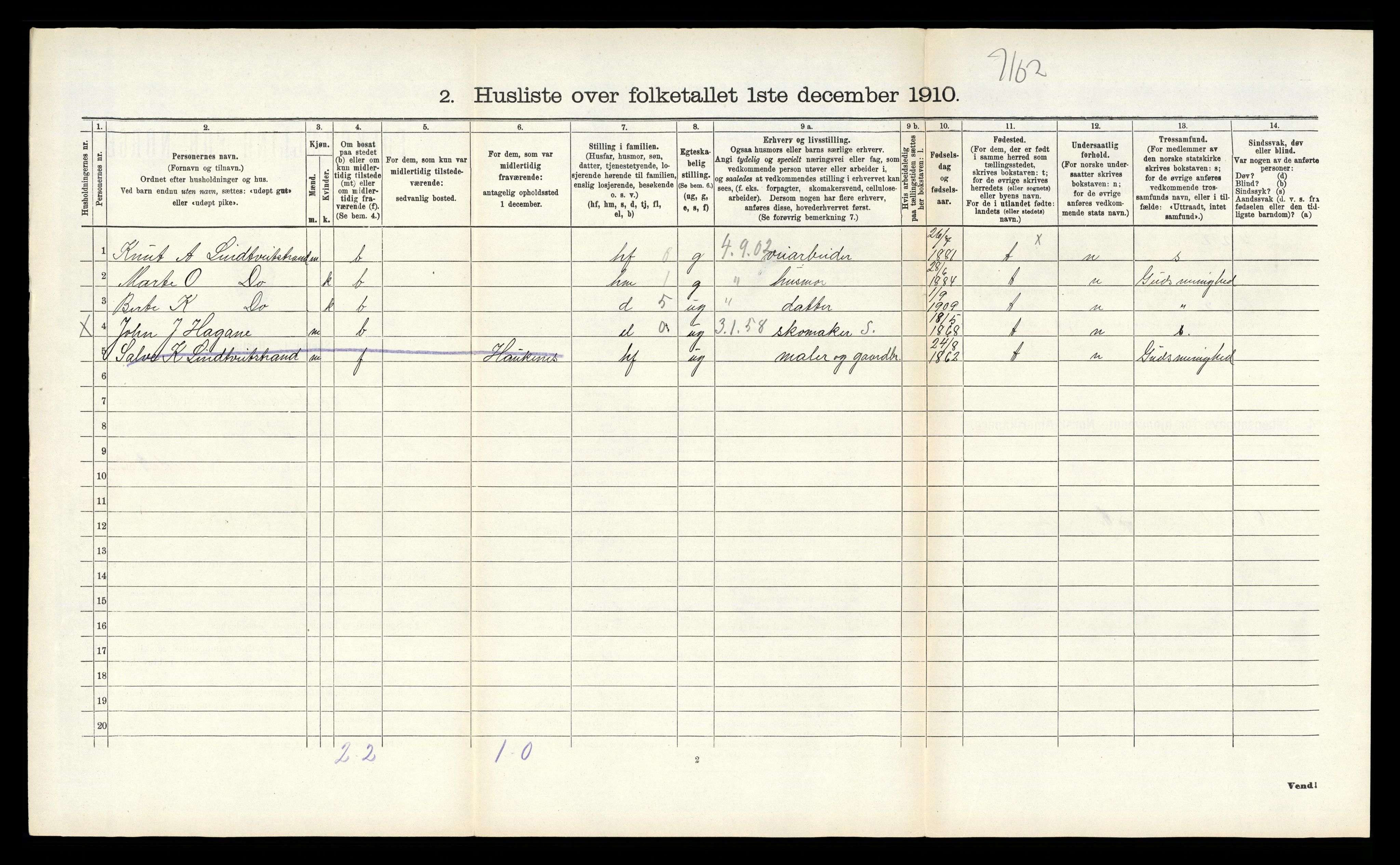 RA, 1910 census for Vegårshei, 1910, p. 213