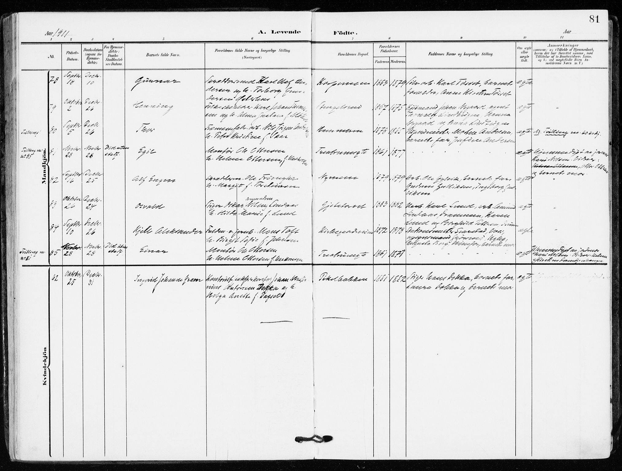 Kongsberg kirkebøker, AV/SAKO-A-22/F/Fb/L0004: Parish register (official) no. II 4, 1906-1918, p. 81