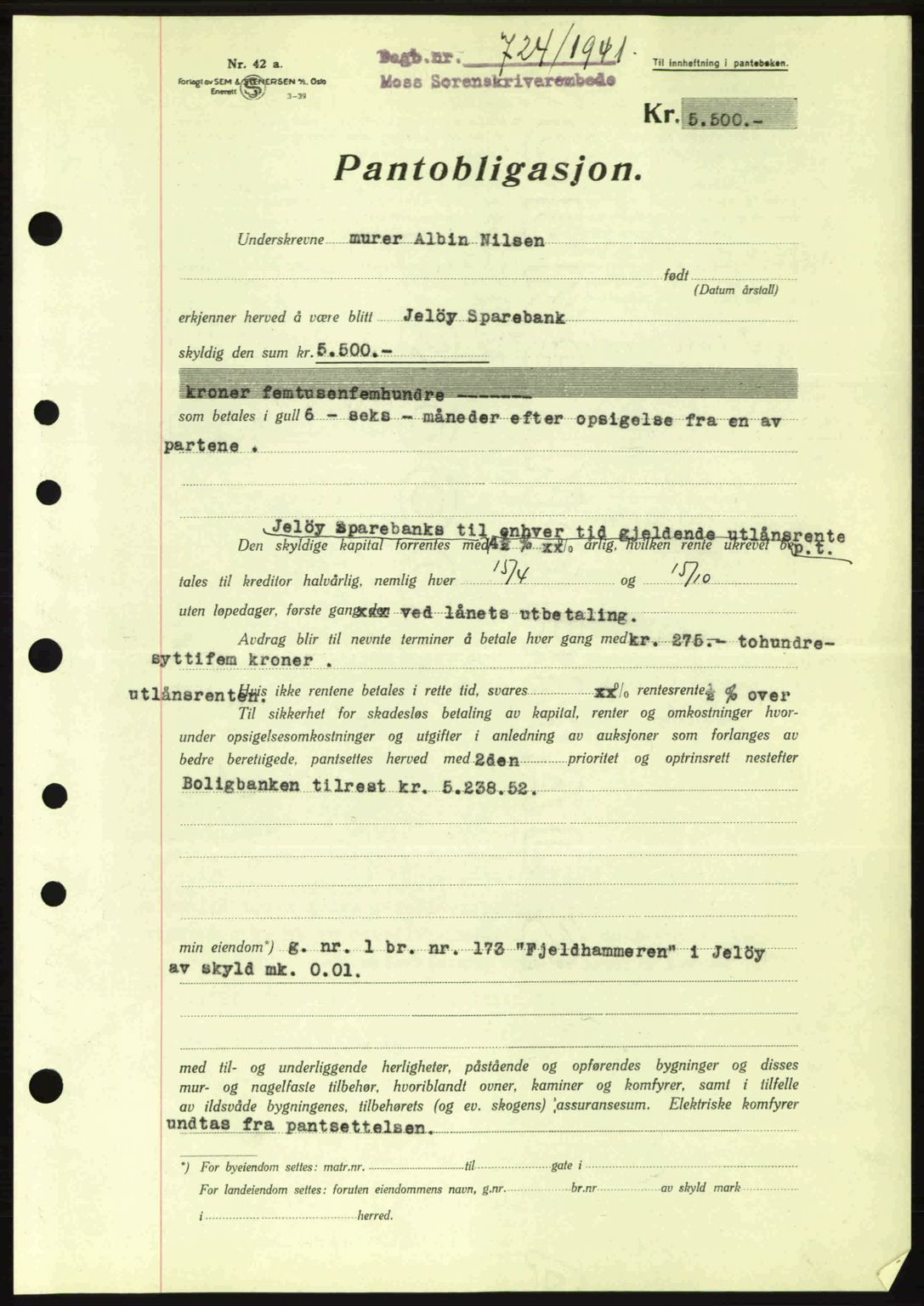 Moss sorenskriveri, SAO/A-10168: Mortgage book no. B10, 1940-1941, Diary no: : 704/1941