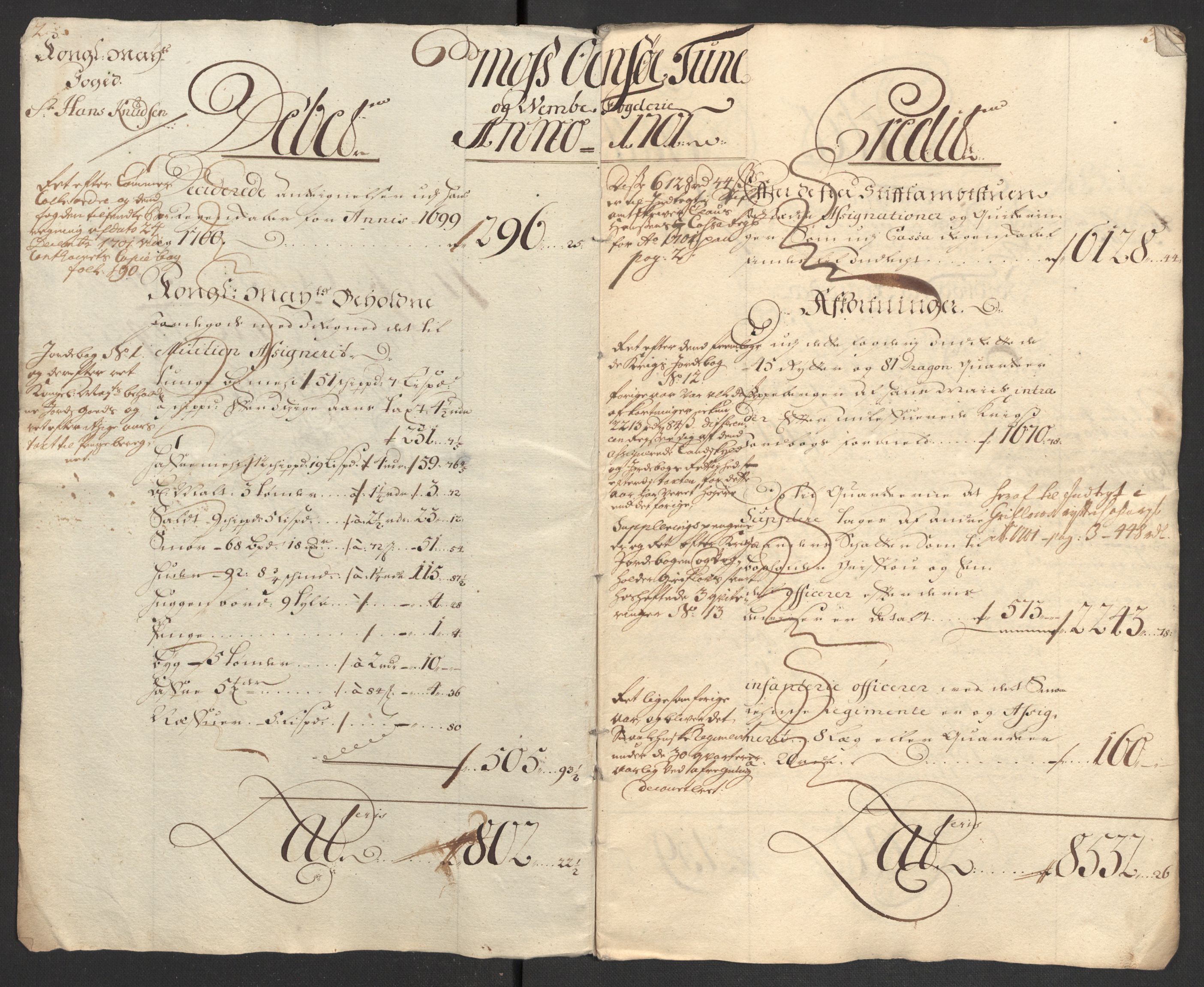 Rentekammeret inntil 1814, Reviderte regnskaper, Fogderegnskap, AV/RA-EA-4092/R04/L0130: Fogderegnskap Moss, Onsøy, Tune, Veme og Åbygge, 1701, p. 4