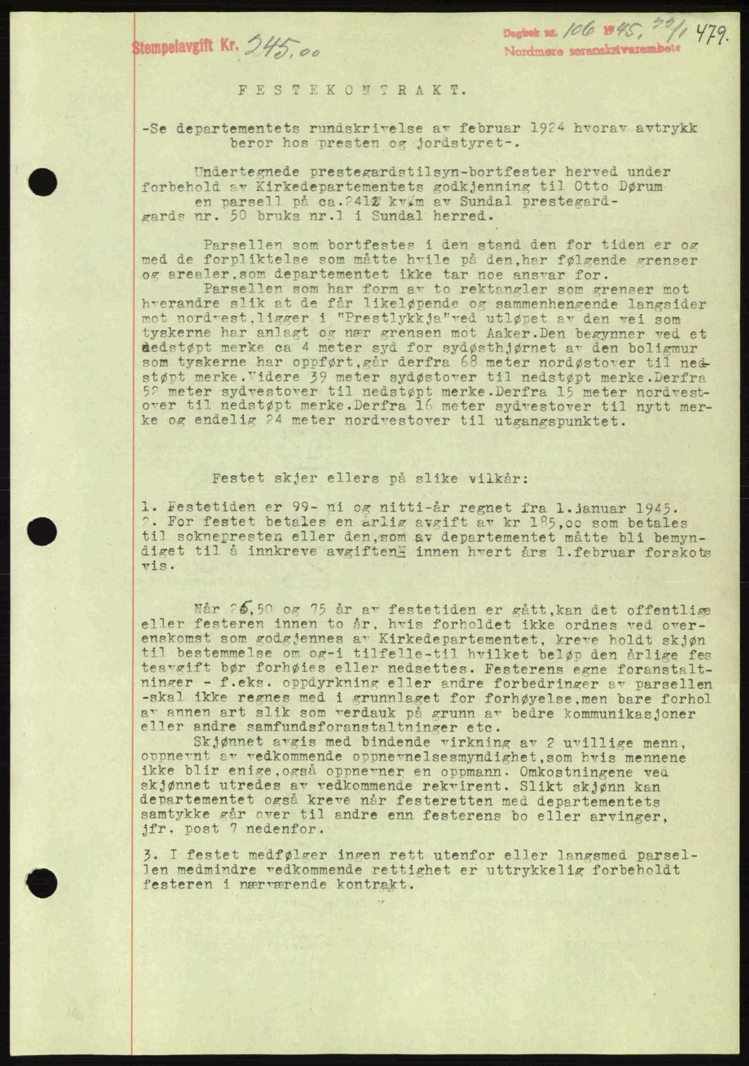 Nordmøre sorenskriveri, AV/SAT-A-4132/1/2/2Ca: Mortgage book no. B92, 1944-1945, Diary no: : 106/1945