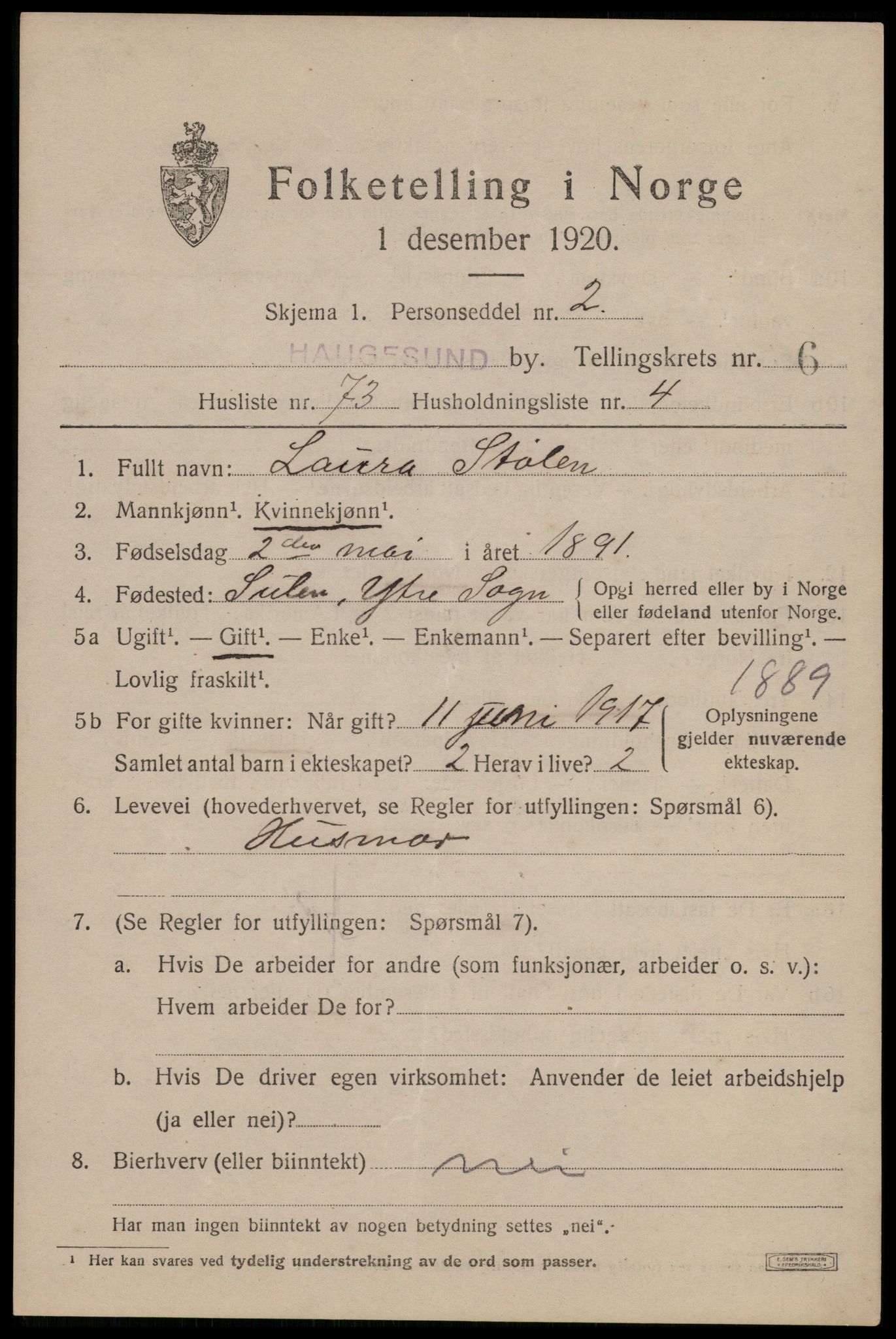 SAST, 1920 census for Haugesund, 1920, p. 22941