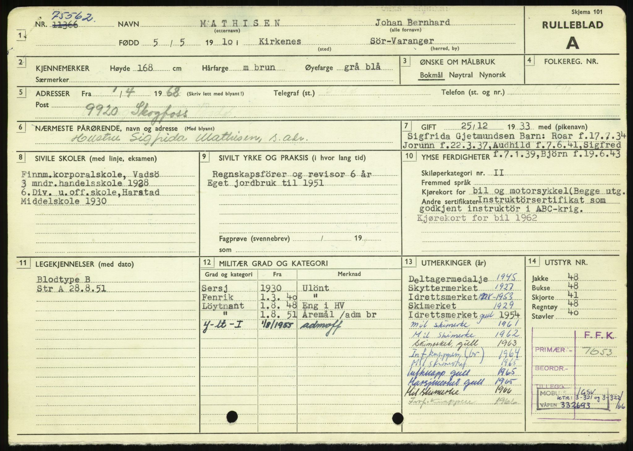 Forsvaret, Varanger bataljon, AV/RA-RAFA-2258/1/D/L0457: Rulleblad og tjenesteuttalelser for befal født 1910, 1920 og 1930, 1910-1930, p. 14