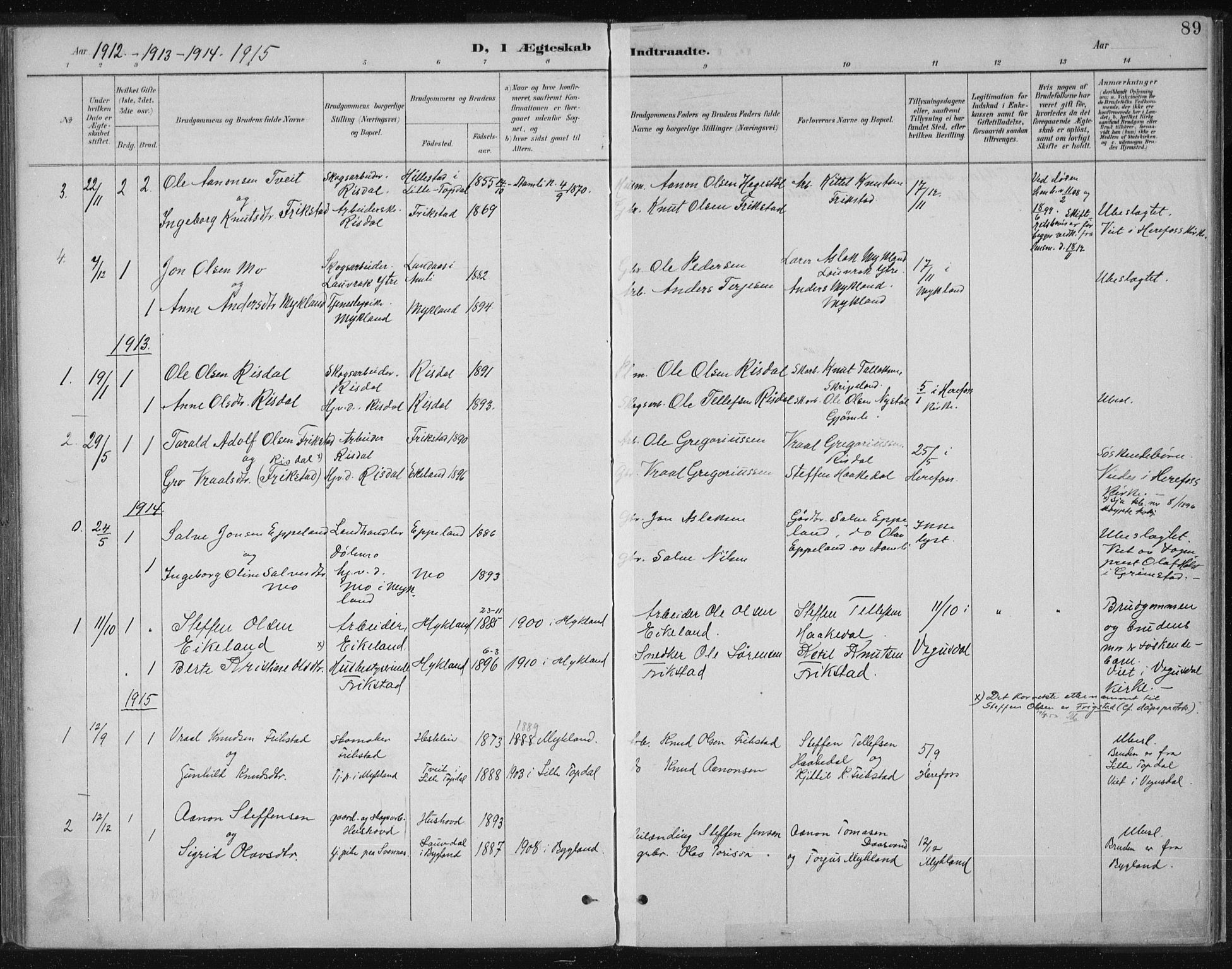 Herefoss sokneprestkontor, SAK/1111-0019/F/Fa/Fac/L0002: Parish register (official) no. A 2, 1887-1915, p. 89