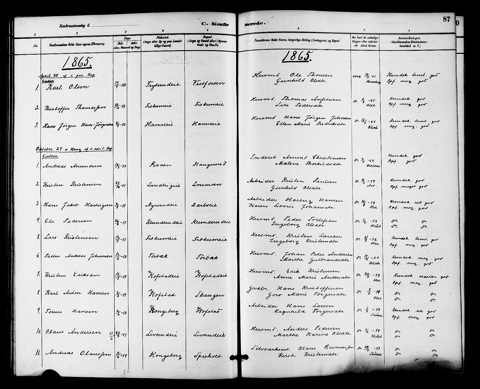 Fiskum kirkebøker, SAKO/A-15/F/Fa/L0001: Parish register (official) no. 1, 1858-1877, p. 87