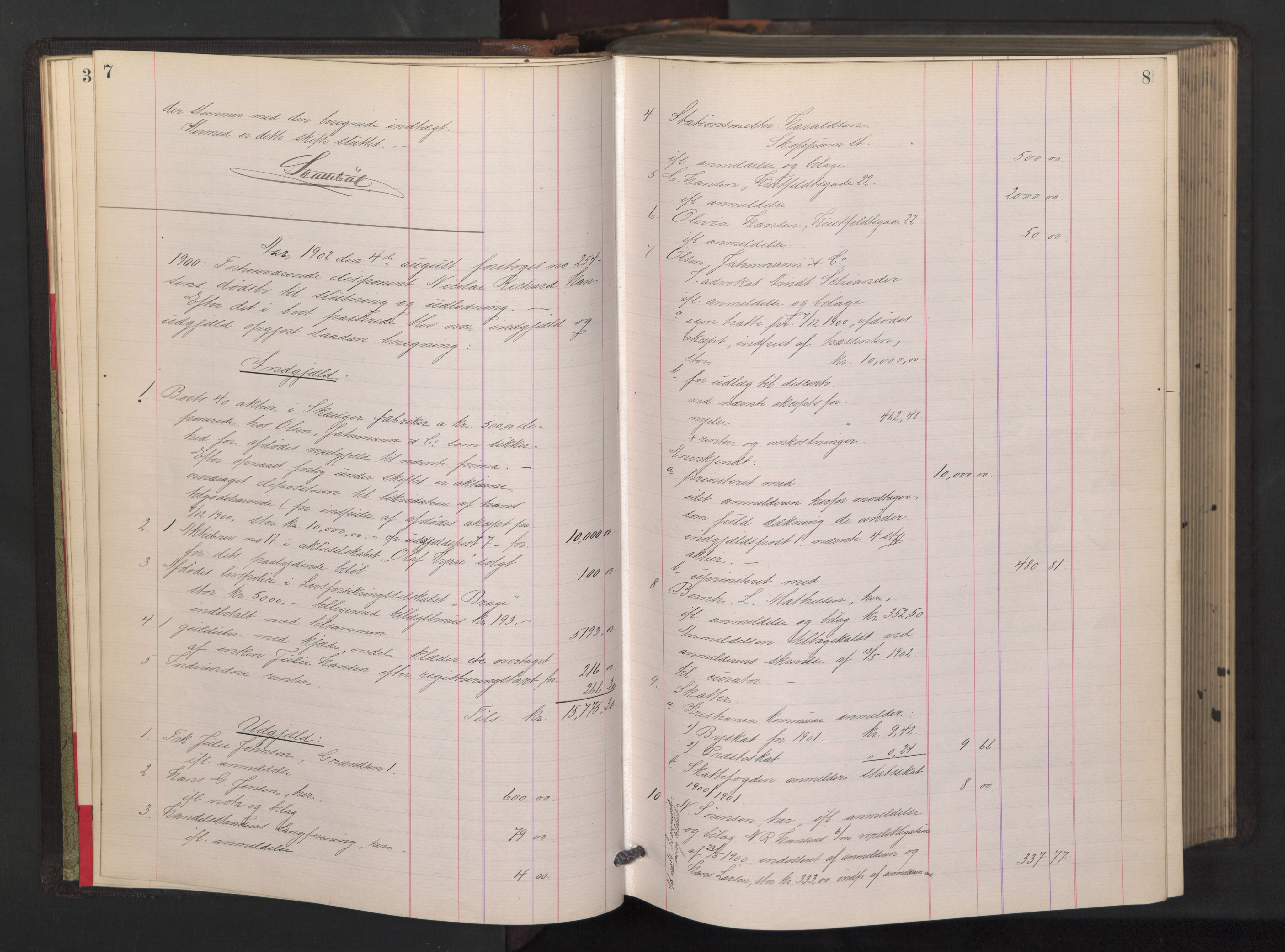 Oslo skifterett, AV/SAO-A-10383/H/Hd/Hdb/L0003: Skifteutlodningsprotokoll, 1902-1904, p. 7-8
