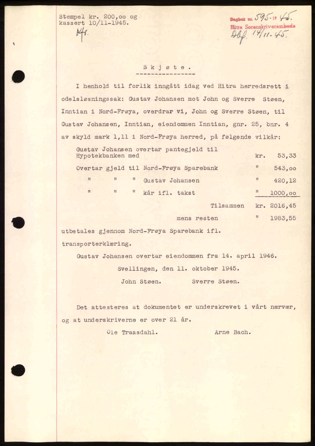 Hitra sorenskriveri, AV/SAT-A-0018/2/2C/2Ca: Mortgage book no. A2, 1943-1945, Diary no: : 595/1945