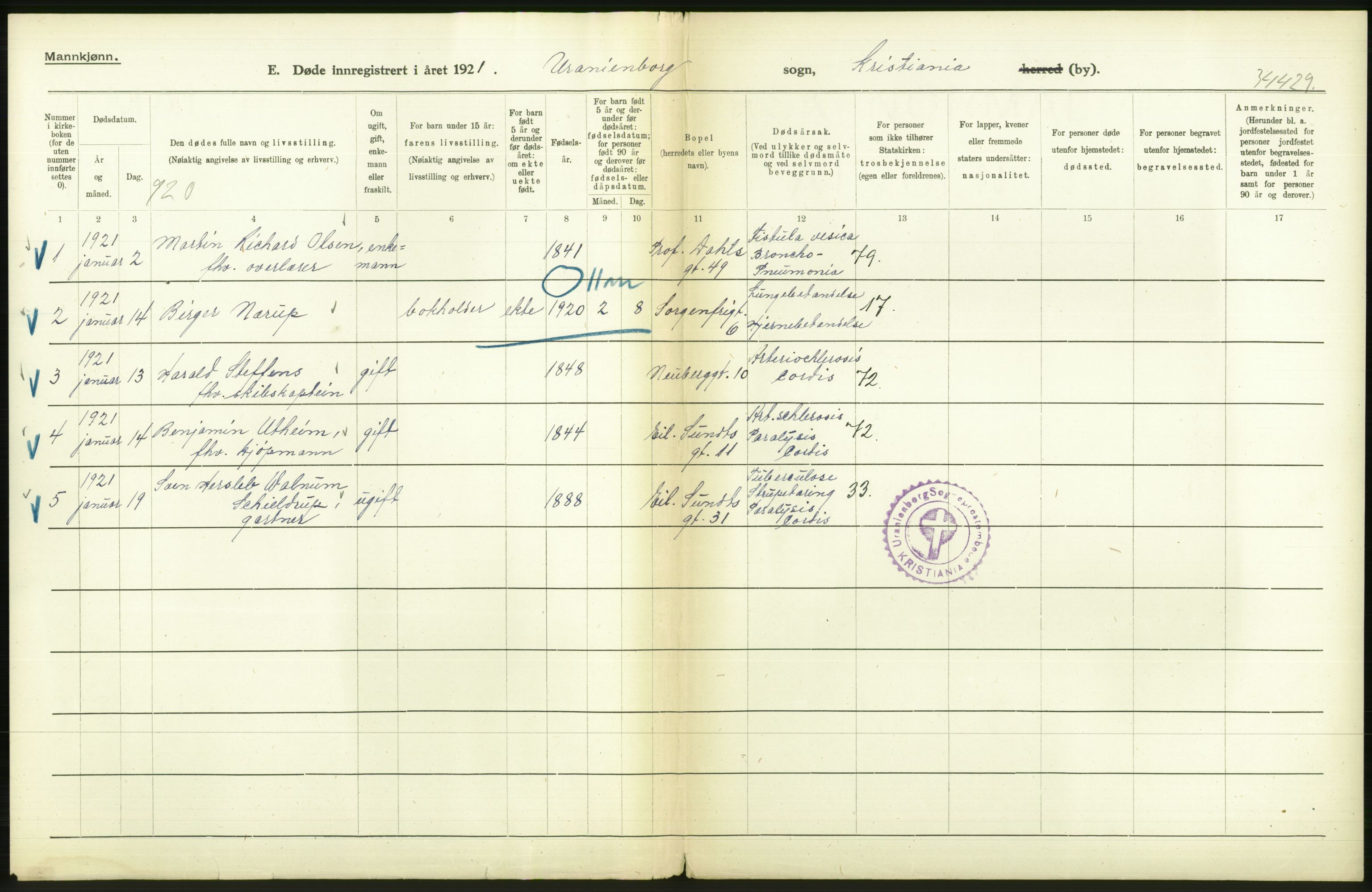 Statistisk sentralbyrå, Sosiodemografiske emner, Befolkning, AV/RA-S-2228/D/Df/Dfc/Dfca/L0012: Kristiania: Døde, 1921, p. 346