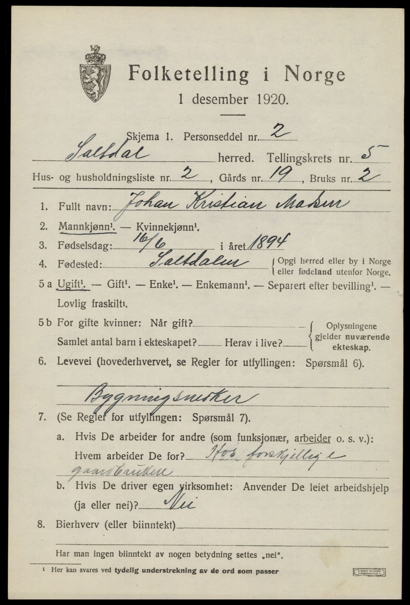 SAT, 1920 census for Saltdal, 1920, p. 6441