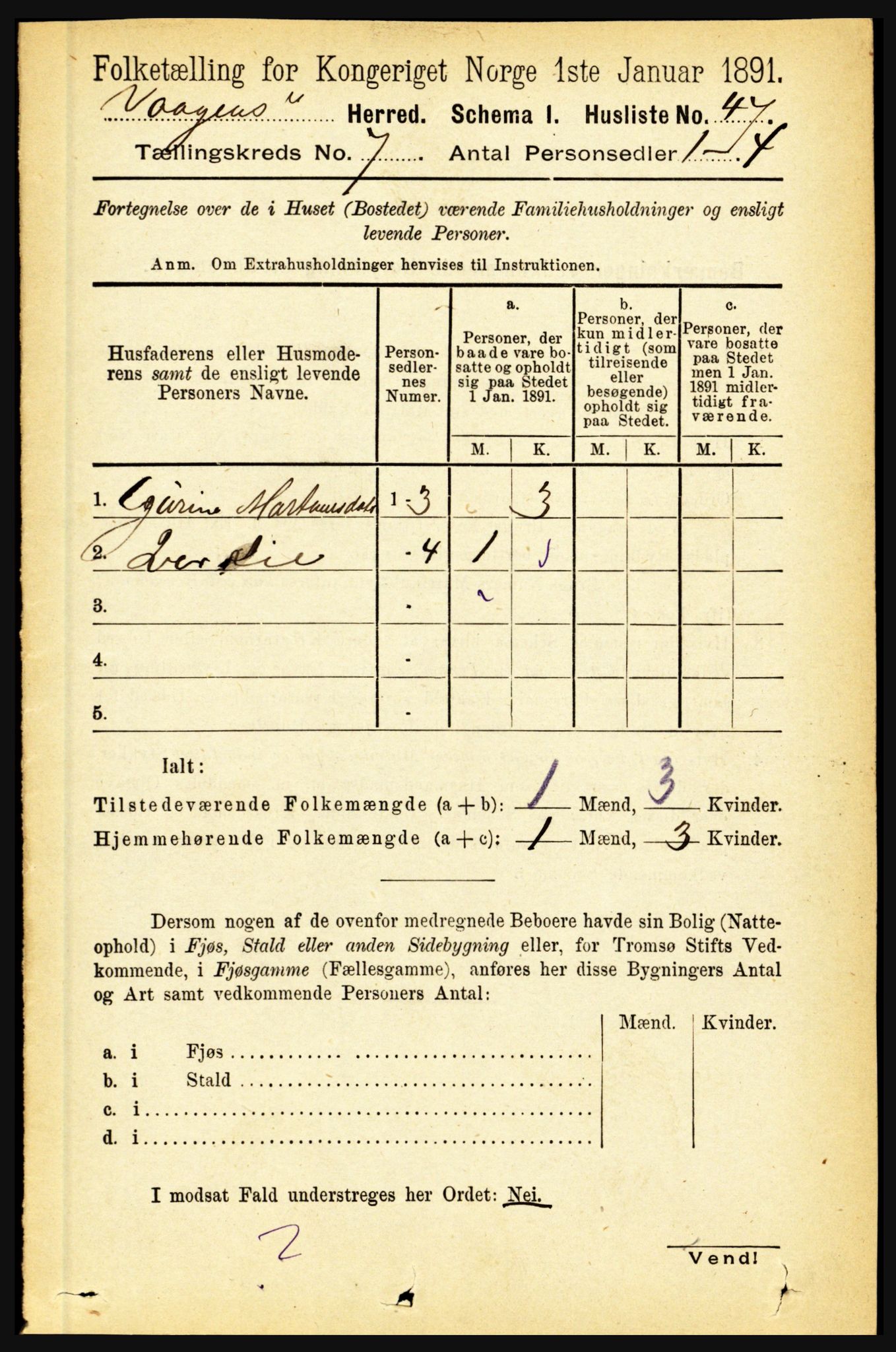 RA, 1891 census for 1865 Vågan, 1891, p. 1809