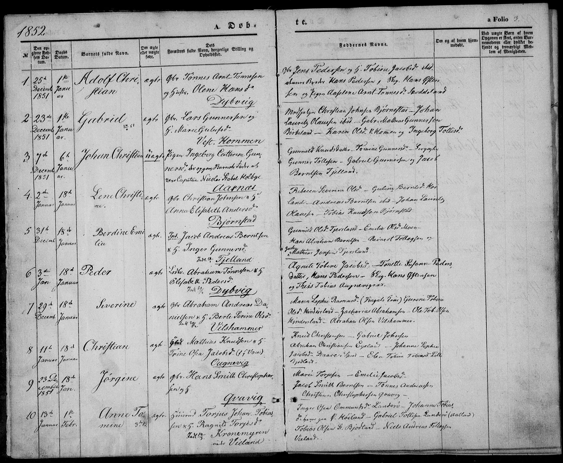 Lyngdal sokneprestkontor, SAK/1111-0029/F/Fa/Fac/L0009: Parish register (official) no. A 9, 1852-1864, p. 3