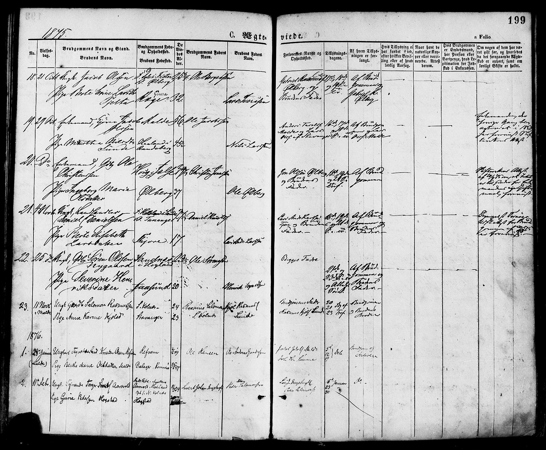 Håland sokneprestkontor, AV/SAST-A-101802/001/30BA/L0009: Parish register (official) no. A 8, 1871-1882, p. 199