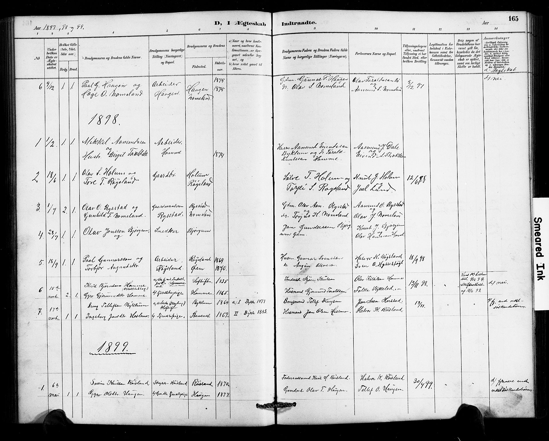 Valle sokneprestkontor, SAK/1111-0044/F/Fb/Fbc/L0004: Parish register (copy) no. B 4, 1890-1928, p. 165