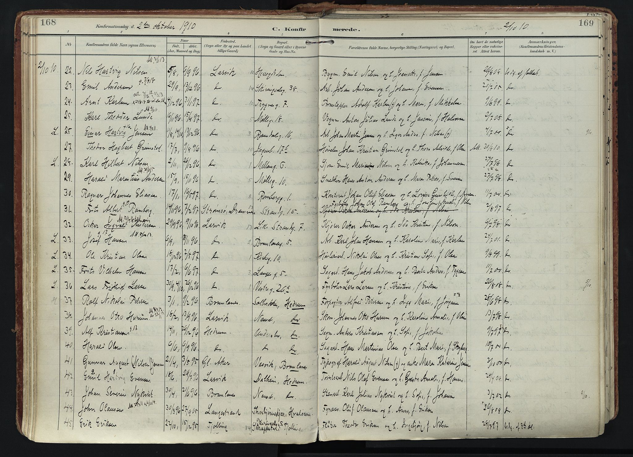 Larvik kirkebøker, AV/SAKO-A-352/F/Fa/L0011: Parish register (official) no. I 11, 1902-1922, p. 168-169