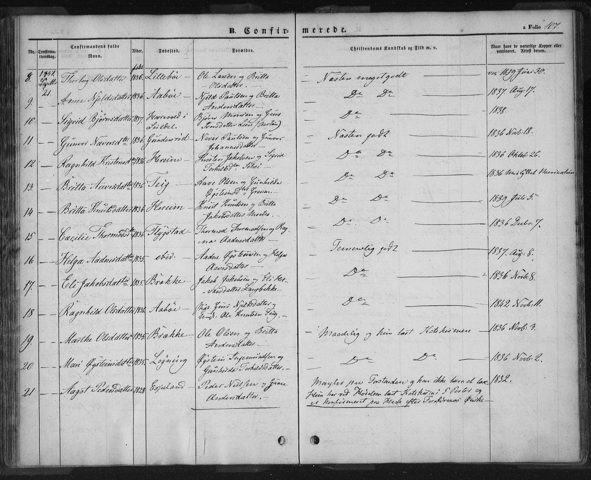 Sand sokneprestkontor, AV/SAST-A-101848/01/III/L0002: Parish register (official) no. A 2, 1838-1859, p. 107